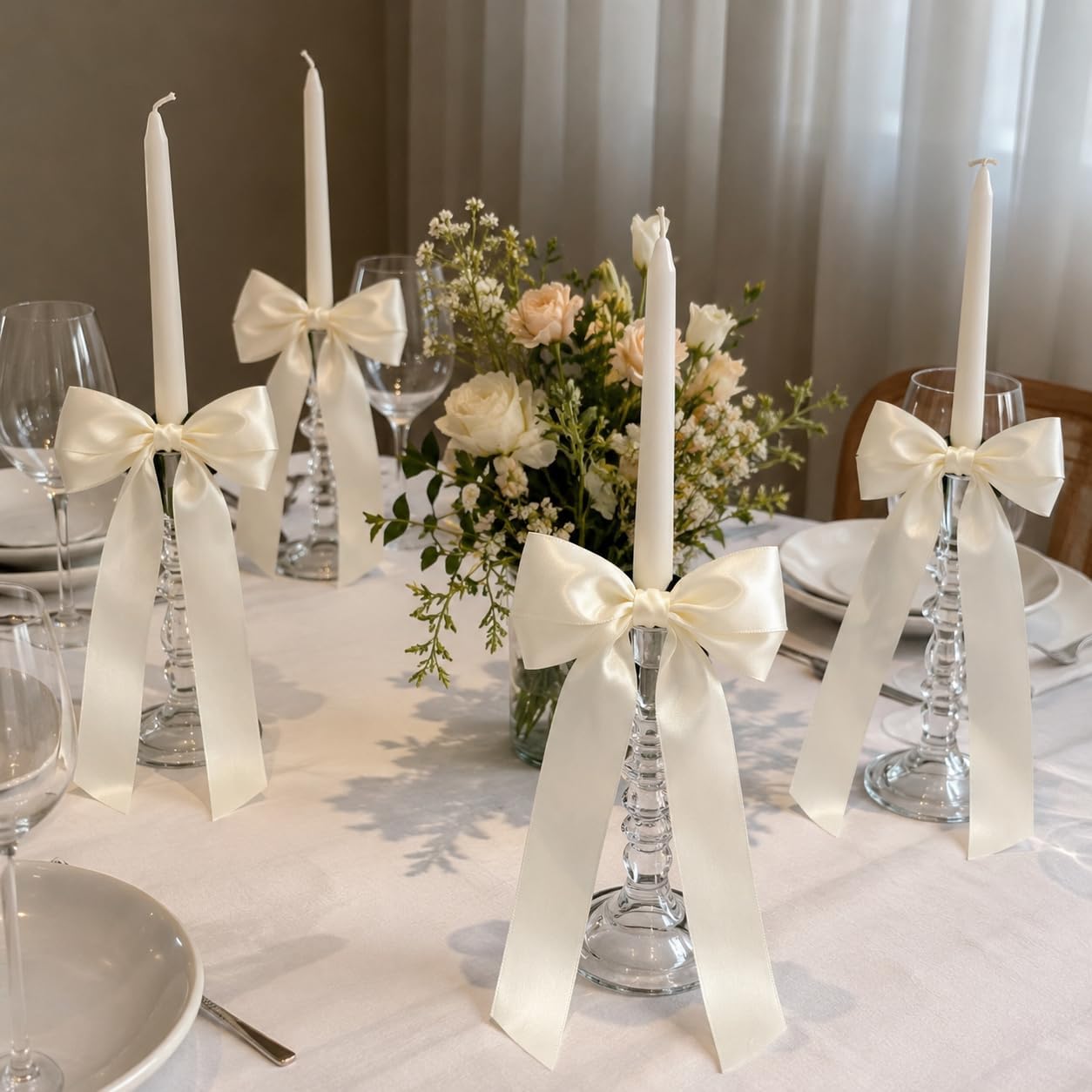 12 Pcs Large Satin Bow Decorations with Twist Ties, Double Layer Ribbon Bows for Candlesticks, Candle Holders, Wedding Table Centerpieces, Bridal Shower and Party Decor (Ivory White)