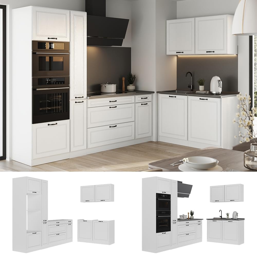 Vicco Cucina angolare completa R-Line, Bianco country/Bianco 230 x 120 cm