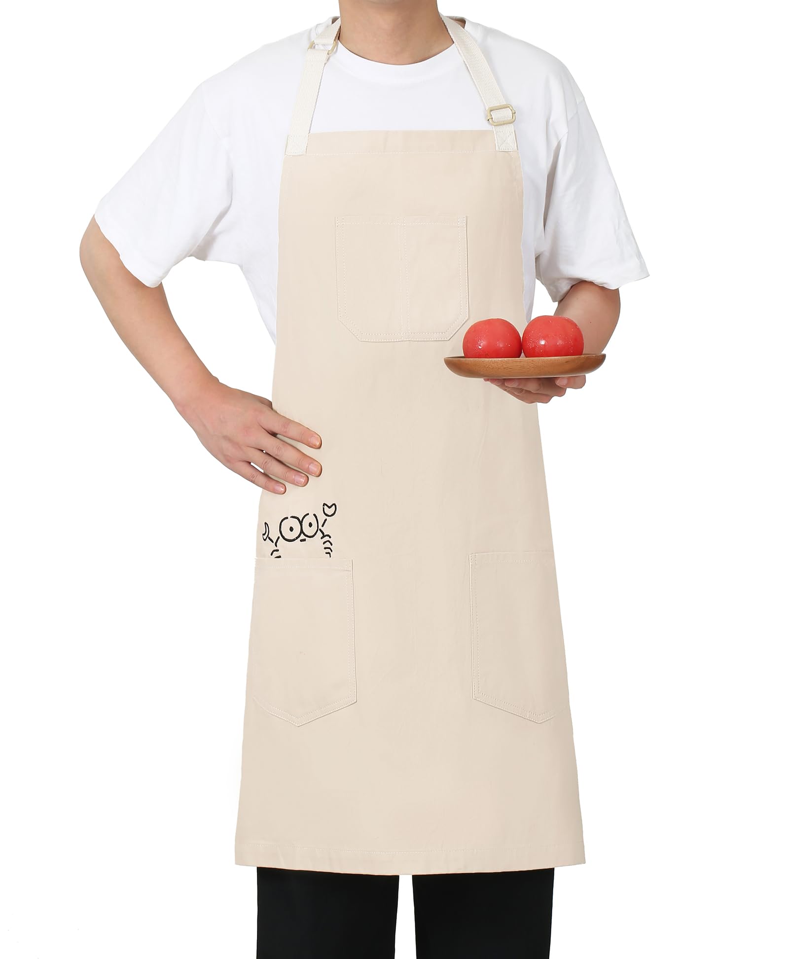 Pincy Soft Cotton Apron - Unisex Adjustable Bib Apron, Art Apron with Embroidered, Great for Florist and Kitchen (Beige)