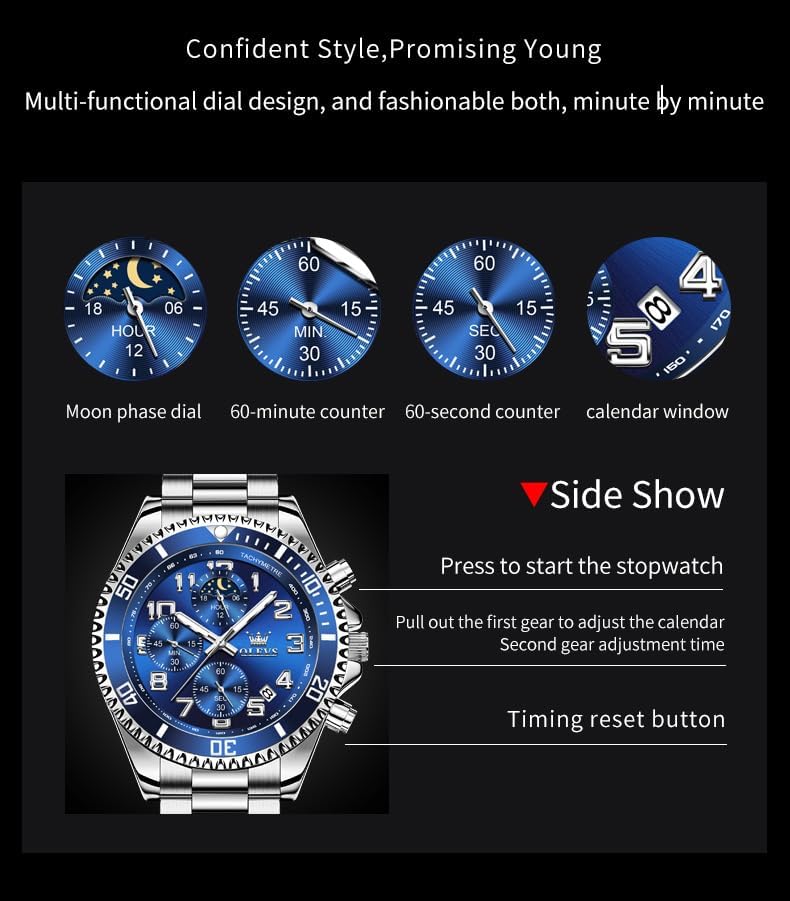 OLEVS Mens Watches Chronograph Watch Luxury Dress Stainless Steel Waterproof Watches for Men Moon Phase Luminous Business Calendar Wrist Watch Blue/Black/Green/Gold/Face - Image 6