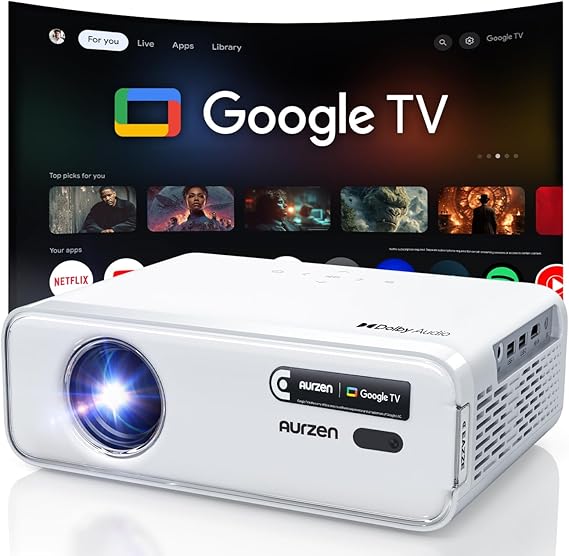 Aurzen EAZZE D1G 4K Supported Google TV Smart Projector with WiFi & Bluetooth, Auto Focus & Keystone, Dolby Audio, Zoom, Movie, Portable Mini Projector for Home & Outdoor Use