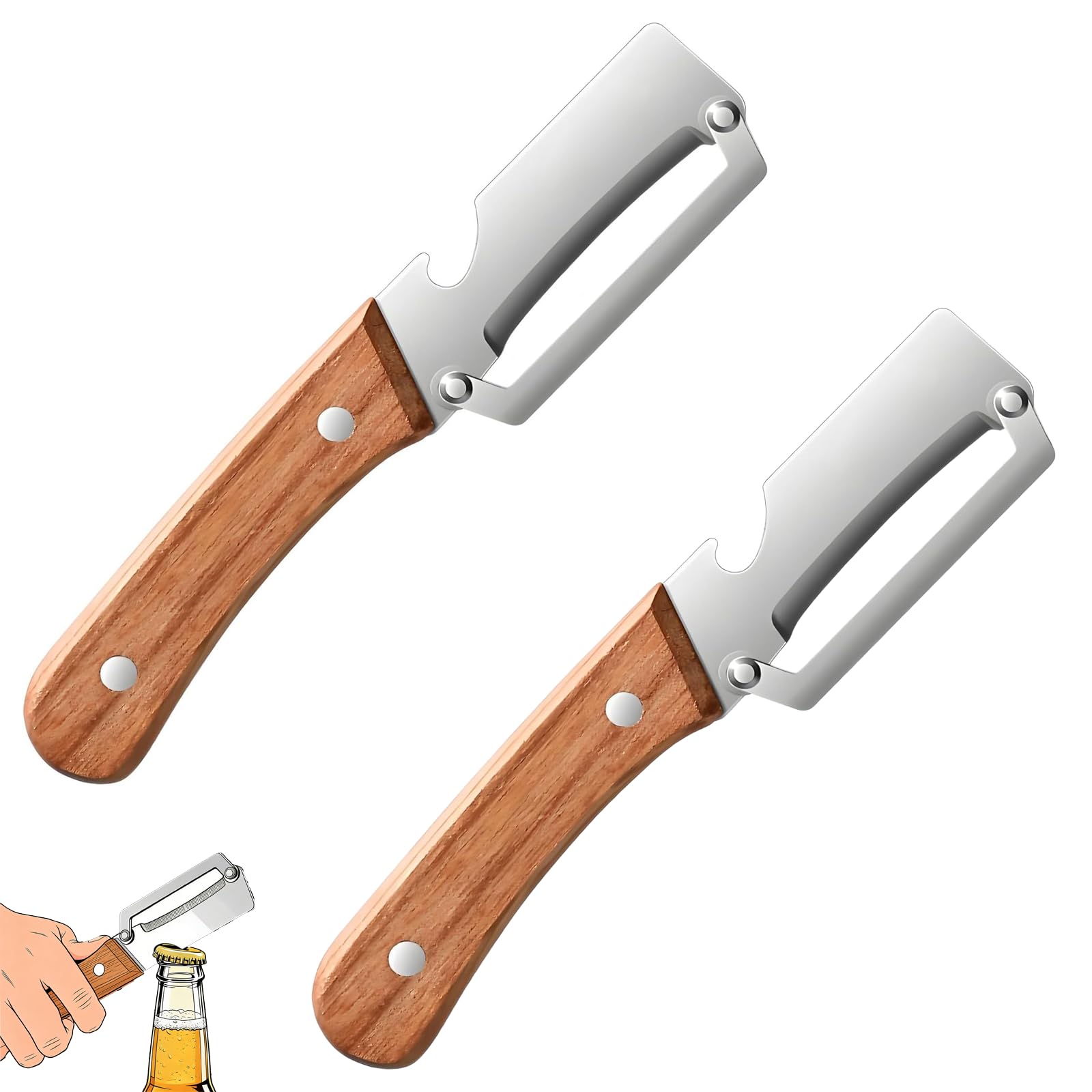 Photo 1 of 2 Pack Multifunctional Vegetable Peeler, 2-in-1 Kitchen Peeler with Bottle Opener, Wooden Handle & Stainless Steel Blade, for Potato, Carrot, Fruit, Pumpkin, Papaya & More