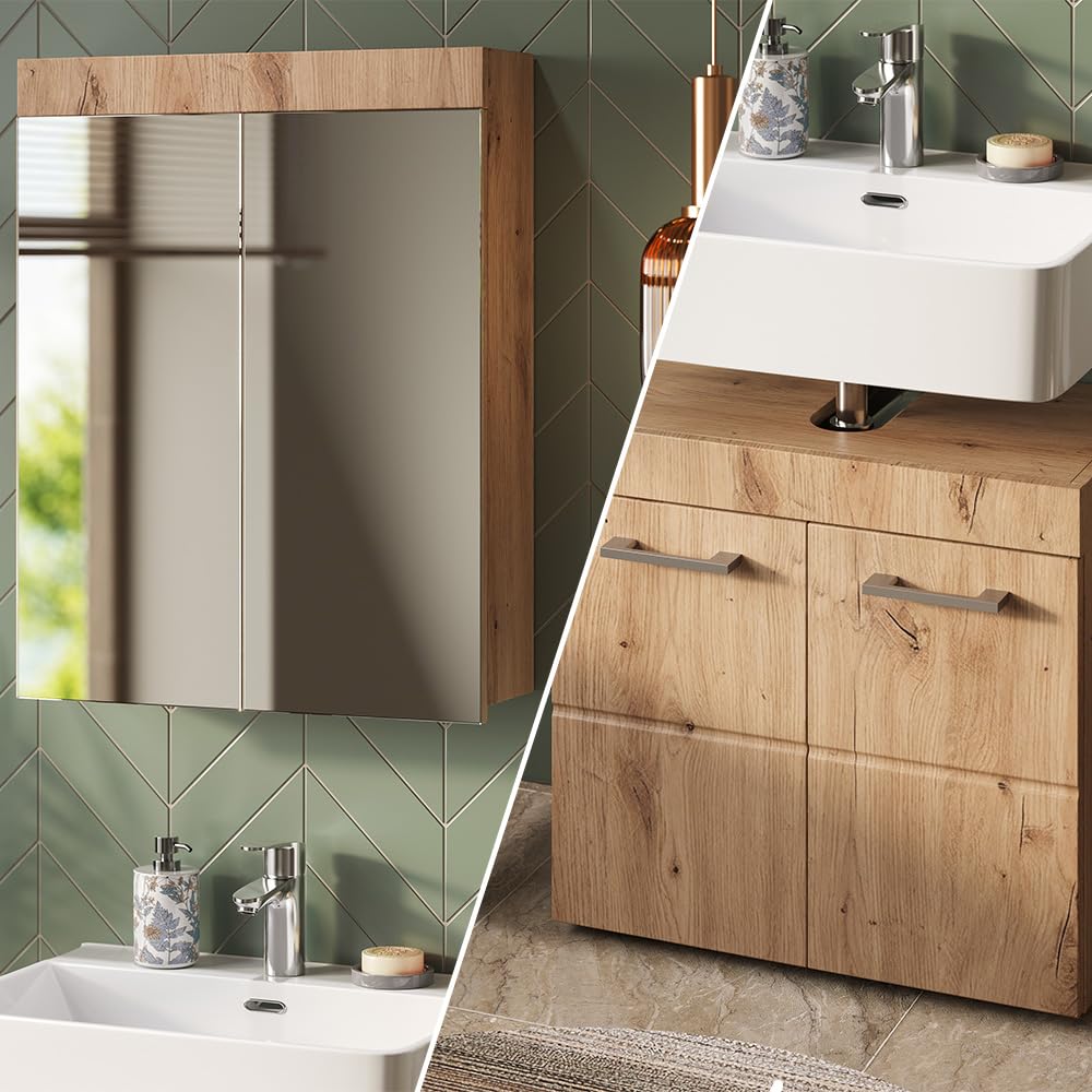 Vicco Set mobili bagno Luna, Quercia Wotan, 60 cm, composto da specchio da bagno e mobile sottolavabo