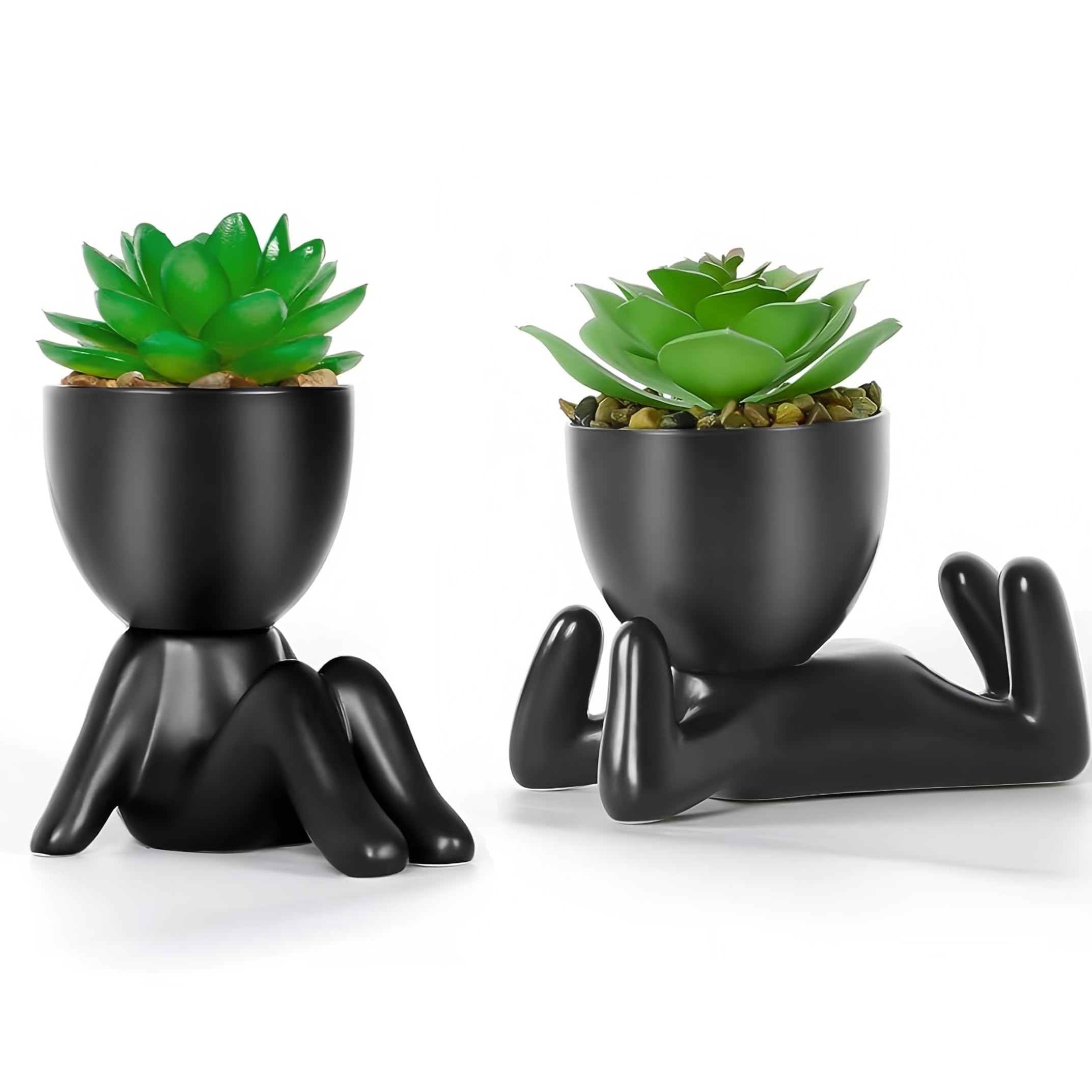 MEMOEVER 2PCS Fake Plants Indoors in Black Human Shaped Ceramic Pots