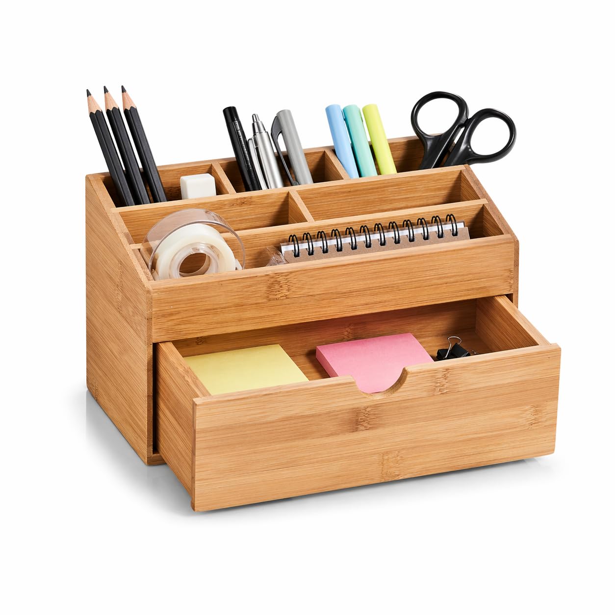 hausleben Organisateur de Bureau en Bambou avec Tiroir | Porte-Stylos et Organiseur de Bureau à 6 Compartiments, Rangement de Bureau pour Bureau & Télétravail, 24,5 x 13 x 15 cm