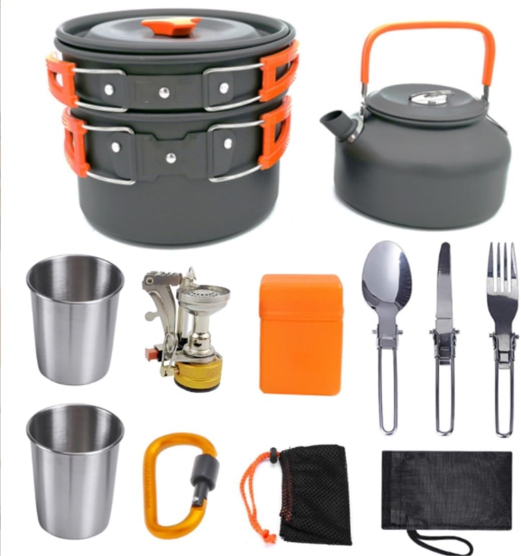 Camping Campfire Utensils, Camping Cooking Cookware Mess Kit Outdoor Ultralight Non-Stick Pots Pan Kettle Folding for Hiking Backpacking Gear
