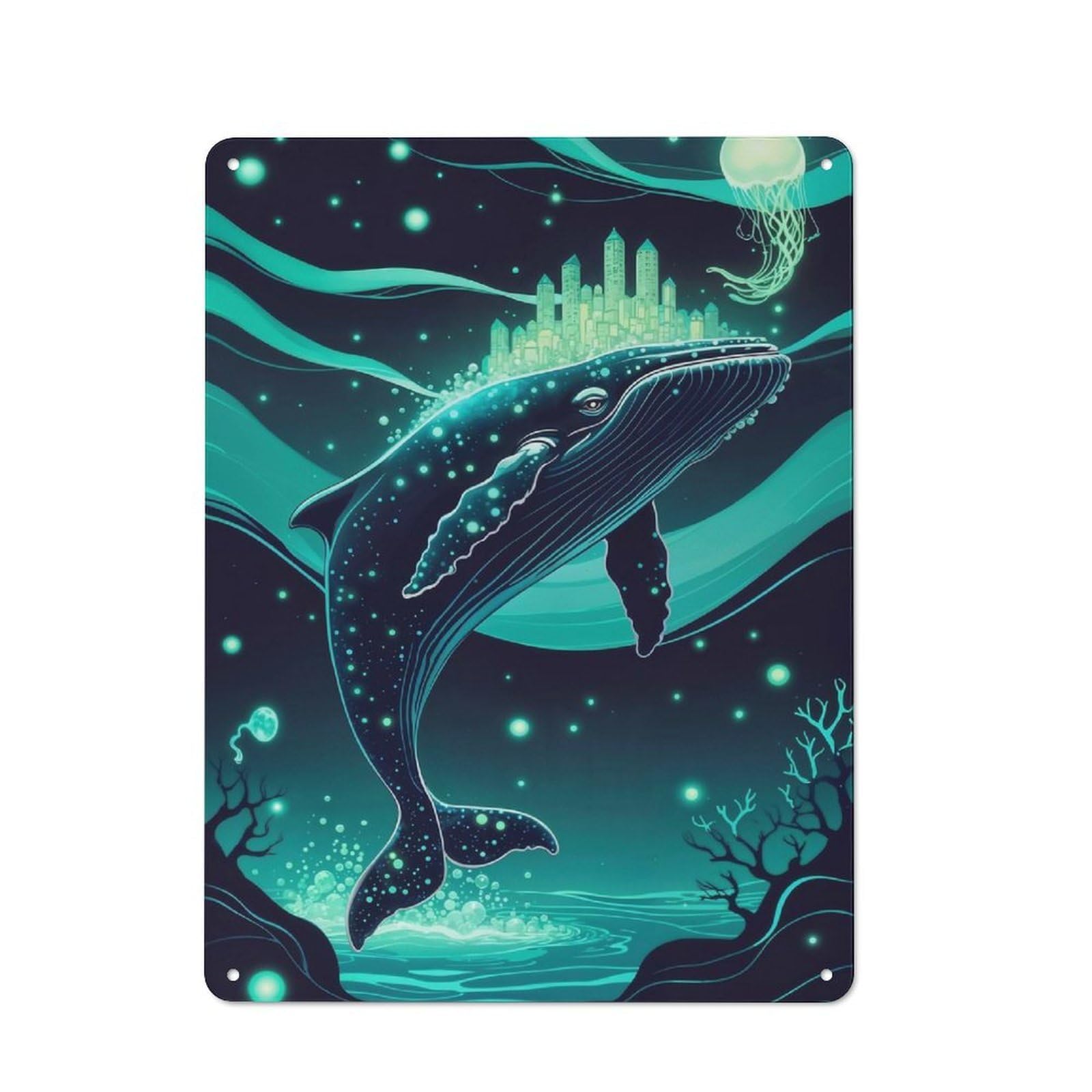 Workshop Style Whale with Cityscape And Jellyfish Metal Wall Sign 40x30cm, Industrial Wall Art for Workshop, Basement, Shed Or Games Room