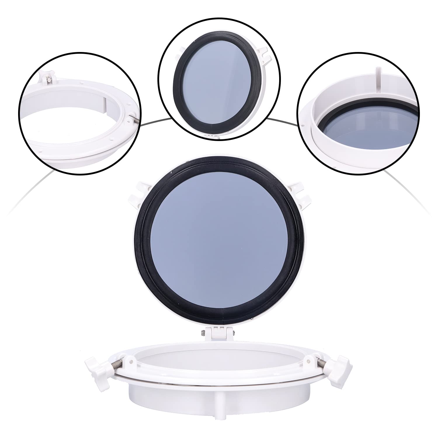 Tissting Hublot Porte Interieure de 264mm, Accessoire de Remplacement de Fenêtre de Ouverture de Hublot en Verre Trempé Blanc de Hublot Rond pour Le Yacht de Bateau Marin RV