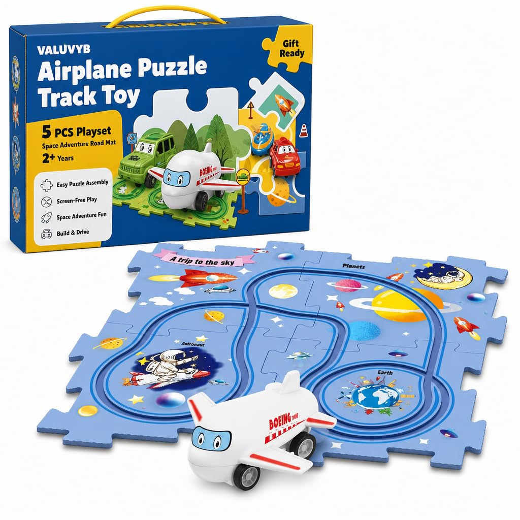Airplane Puzzle Track Toy for Kids 2+ Years, 5 PCS Aeroplane Jigsaw Track Playset with Space Adventure Road Mat, Assembly Vehicle Learning Toy for Boys & Girls-image-6