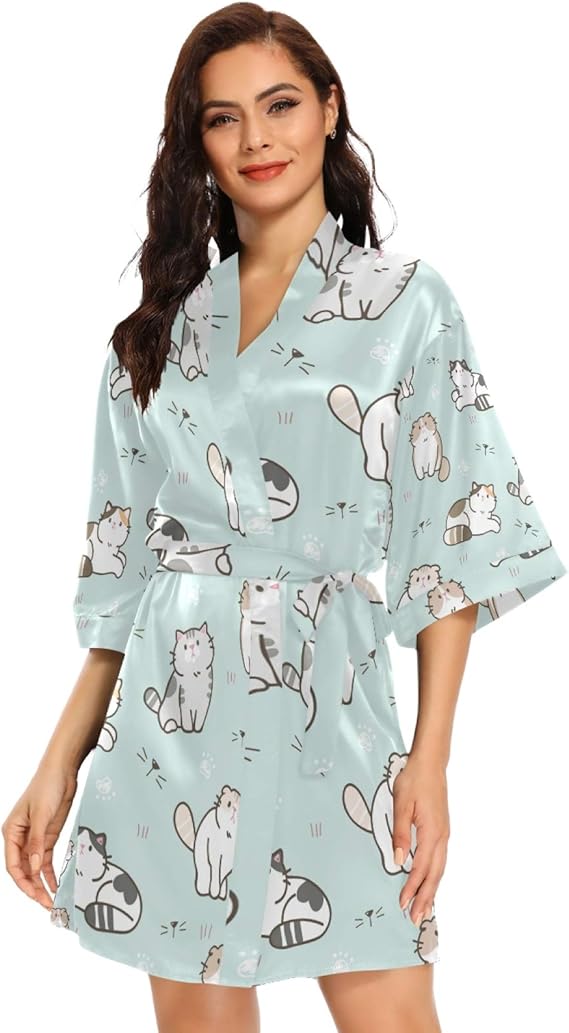 OTVEE Satin Robe, Cute Cartoon Cat Kitten Green Women Silky