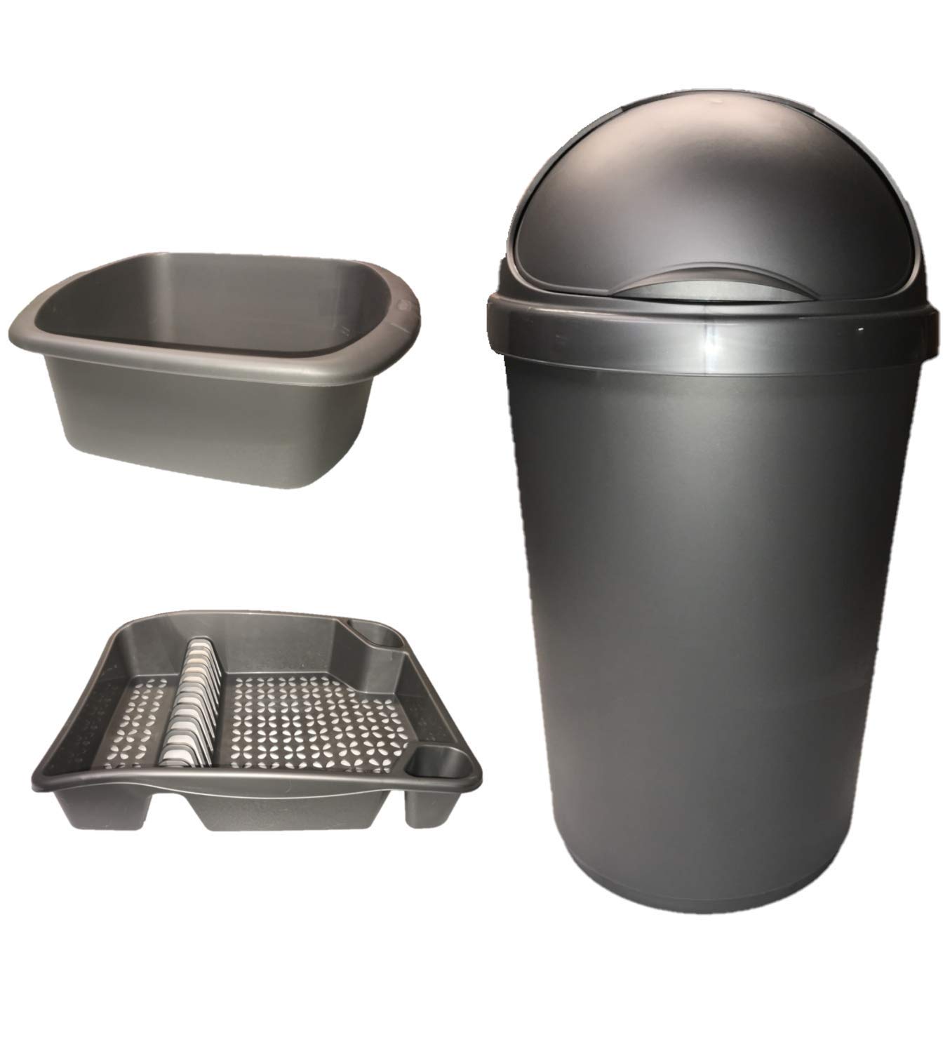 KetoPlastics Silver 3 Piece Kitchen Set - Kitchen Bin, Rectangle Bowl and Drainer