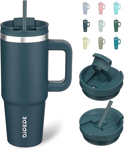 Miniatura 41 de BJPKPK Vaso de Acero Inoxidable de 30 oz con Asa, Vasos Térmicos Aislantes con 2 Pajitas, Taza de Café de Viaje con Tapa, Chicle Bubble gum,Verde
