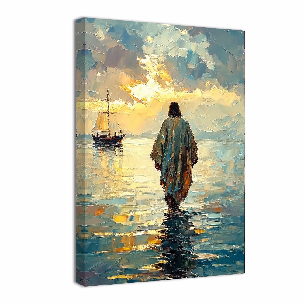 ZQQART Jesus Wall Art God Walking on Water Canvas Painting Art Christian Poster Prints Religious Picture Church Prayer Room Decor Framed(Gold,28.00" x 42.00")