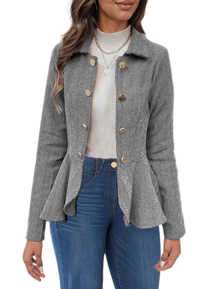 Womens Double Breasted Open Front Peplum Blazer Cardigan Casual Long Sleeve Ruffle Business Suit Cropped Jacket