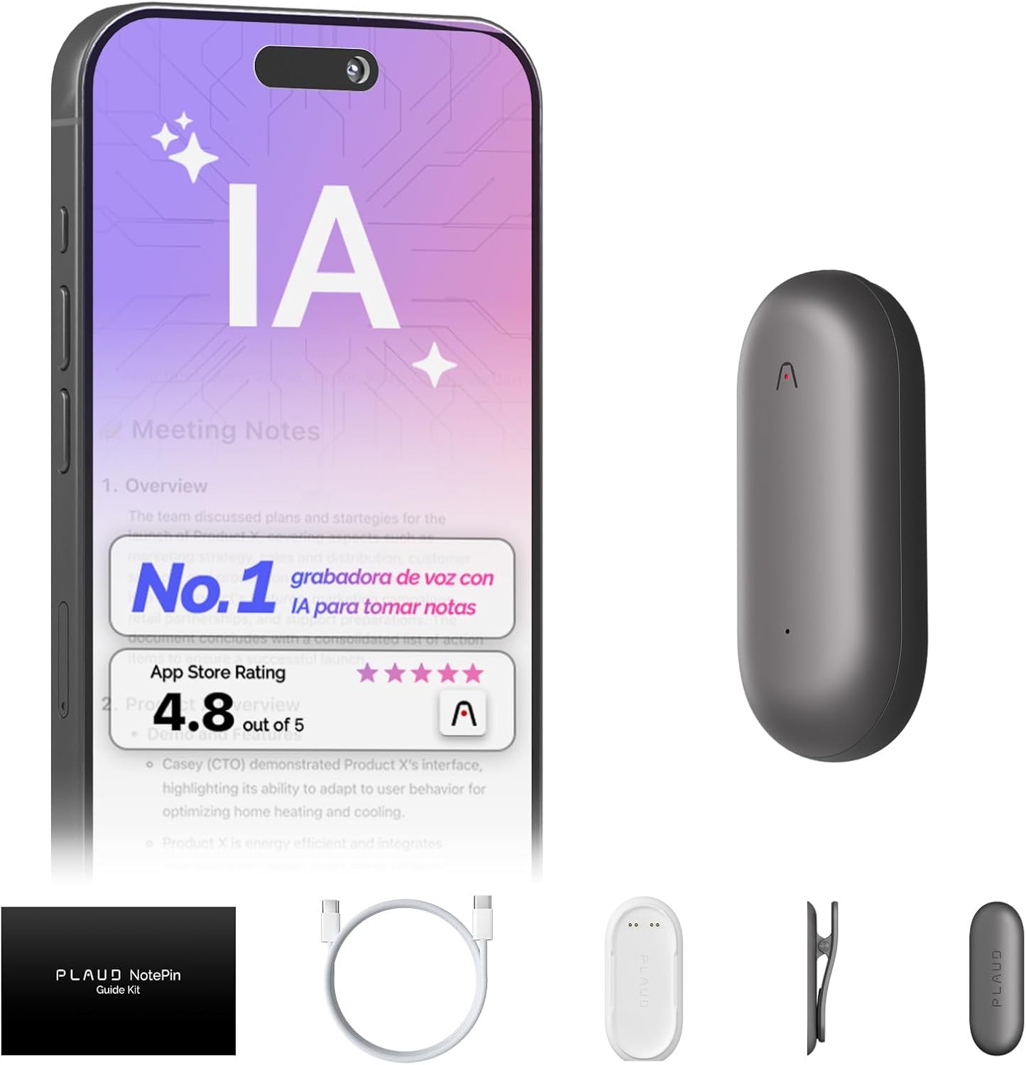 PLAUD AI Grabadora de Voz con IA PLAUD NotePin, Control por App para Tomar Notas, transcripción y Resumen con IA, soporta 112 Idiomas, 64 GB, grabadora de Audio para conferencias, reuniones