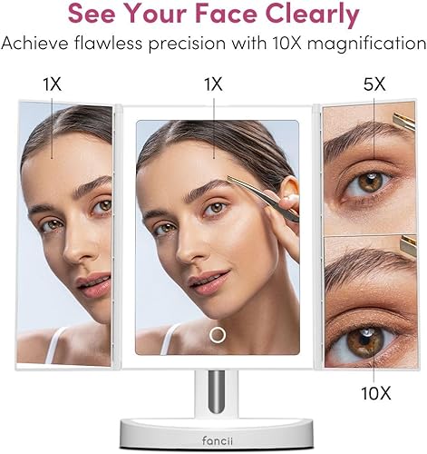 Miniatura 2 de Fancii Espejo de maquillaje con iluminación LED, espejo triple recargable con 5 aumentos y 10 aumentos, 68 luces naturales regulables, pantalla
