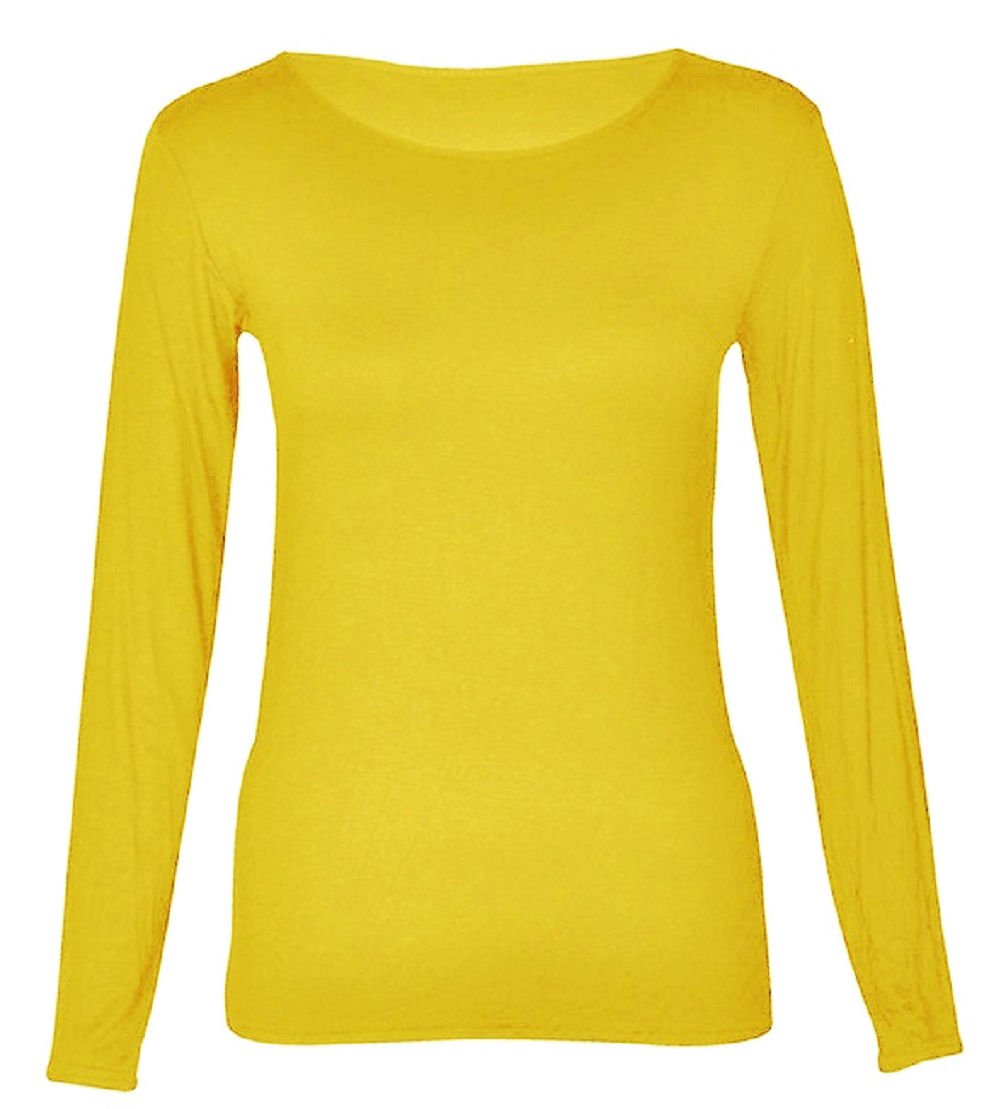 Ladies Women Basic Long Sleeve Plain Round Neck Ladies Stretch Plus Size Top T Shirt (Yellow, UK XXL)