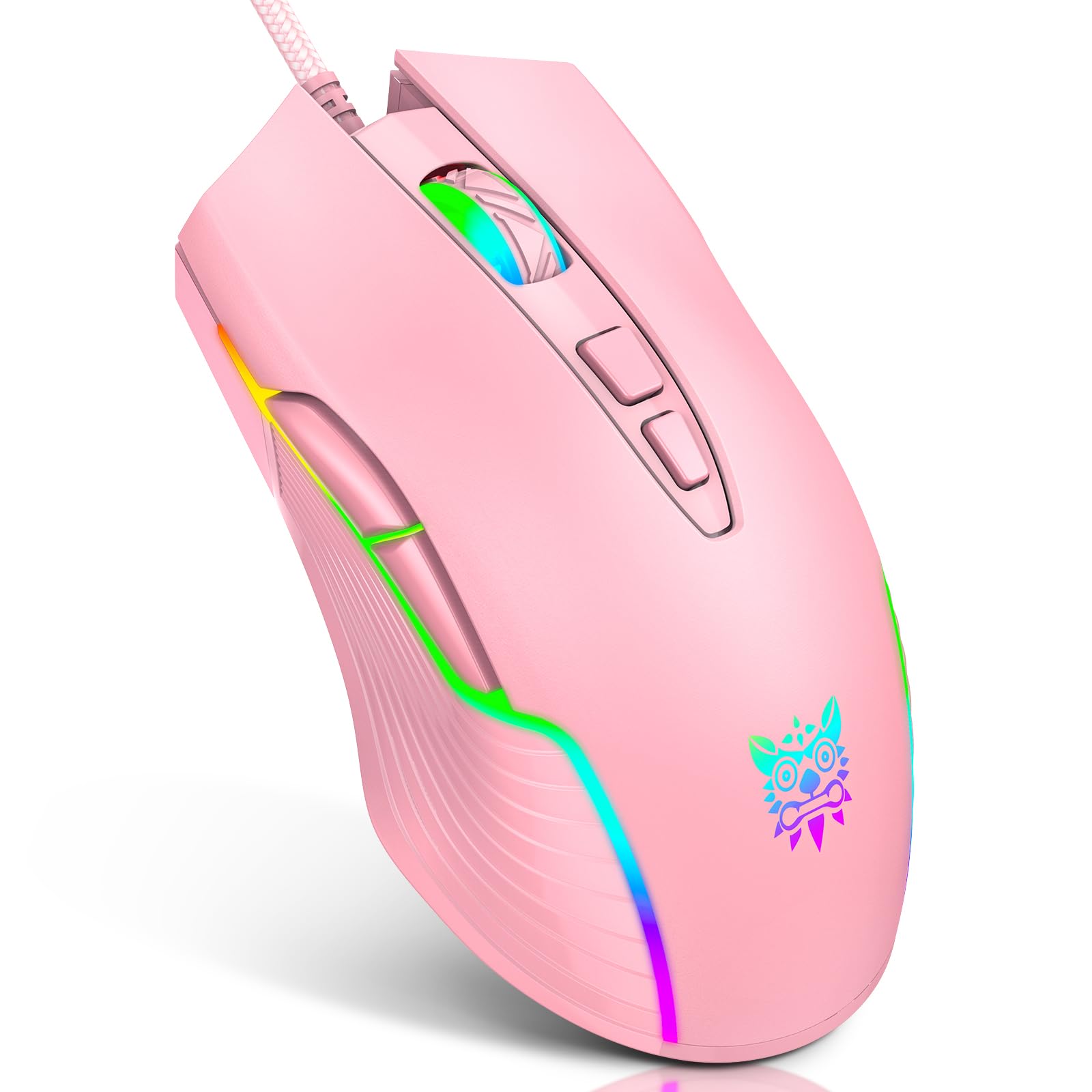 ONITOON Pink Wired Gaming Mouse, USB Optical Computer Mice with RGB Backlit, 6 Adjustable DPI Up to 6400, Ergonomic and Cute Girls Mouse with 7 Programmable Buttons for PC/Laptop/Windows/Mac