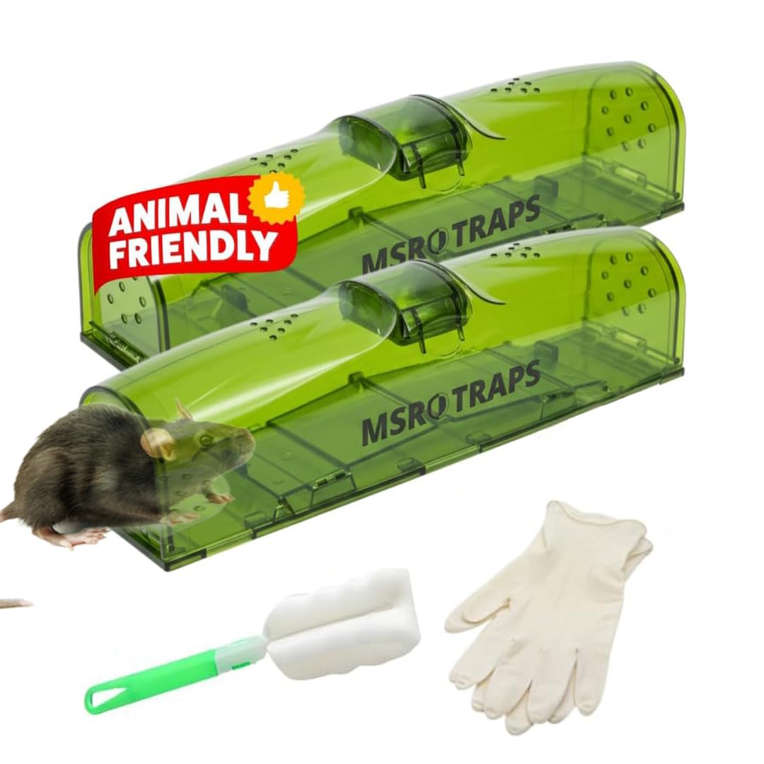 Humane-Mouse Traps for Indoors [2 Pack] Extra-Long with Safe Dual Side Upward Doors No Tail Cuts, Includes Gloves & Washable Brush Field Mouse Catchers & Reusable for Indoor/Outdoor Use No-Kill By MSR