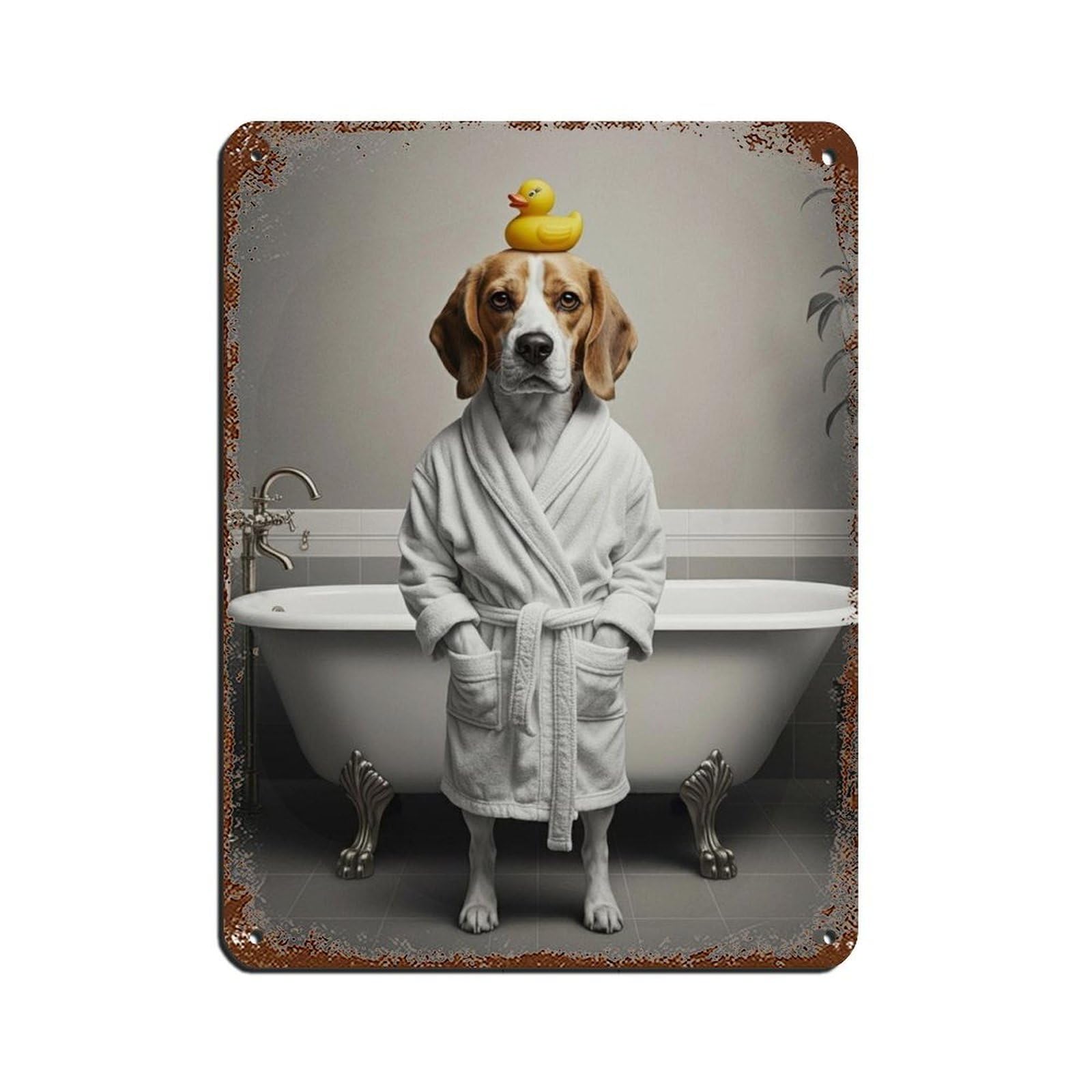 Dog with Rubber Duck Wearing Bathrobe Poster (2) Tin Sign Vintage Metal Pub Club Cafe Bar Home Wall Art Decoration Poster Retro 12x16inch(30x40cm)