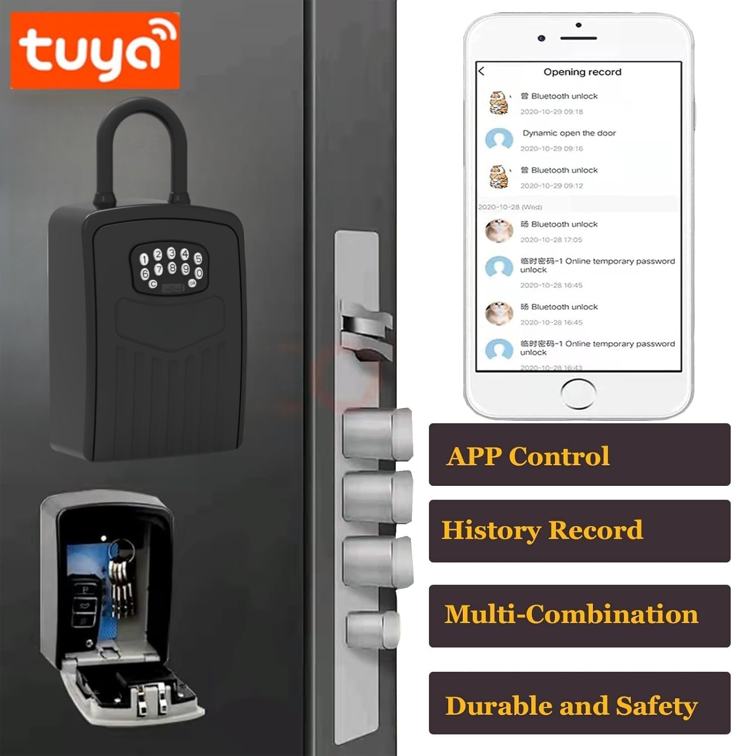 Image showing the Loccess Smart Digital Lock Box, a smartphone displaying the Tuya app with unlock records, and text indicating APP Control, History Record, Multi-Combination, Durable and Safety.