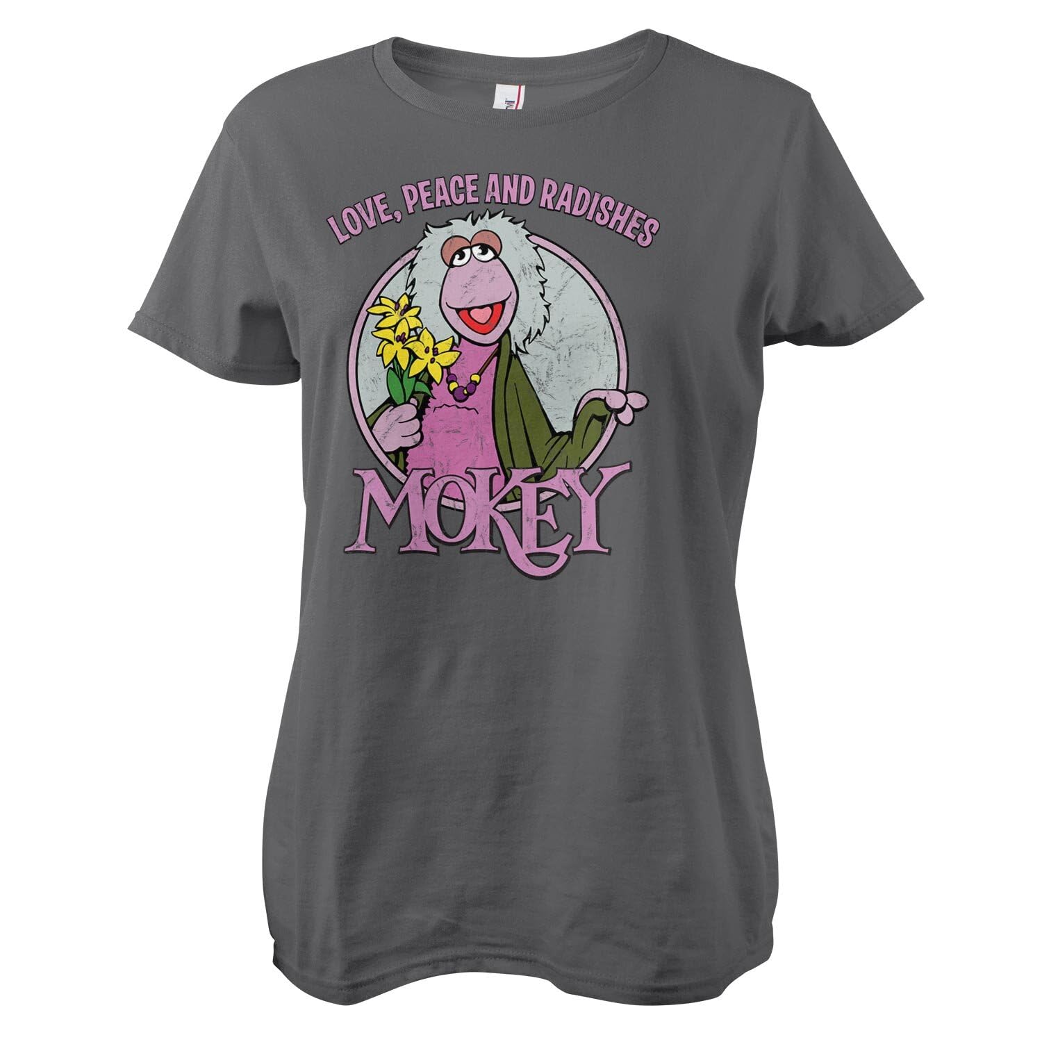 Fraggle Rock Women's Dark Grey Officially Licensed Mokey - Love Peace And Radishes T-Shirt (Dark Grey), Large