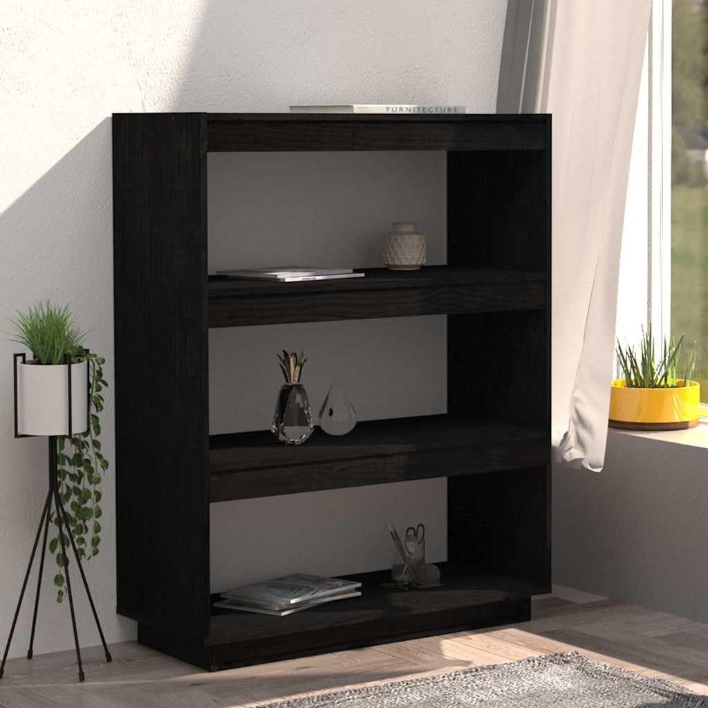 Libreria divisoria nera in legno di pino massiccio, 80 x 35 x 103 cm, scaffale sottile con molto spazio per ufficio, soggiorno, studio e cameretta dei bambini