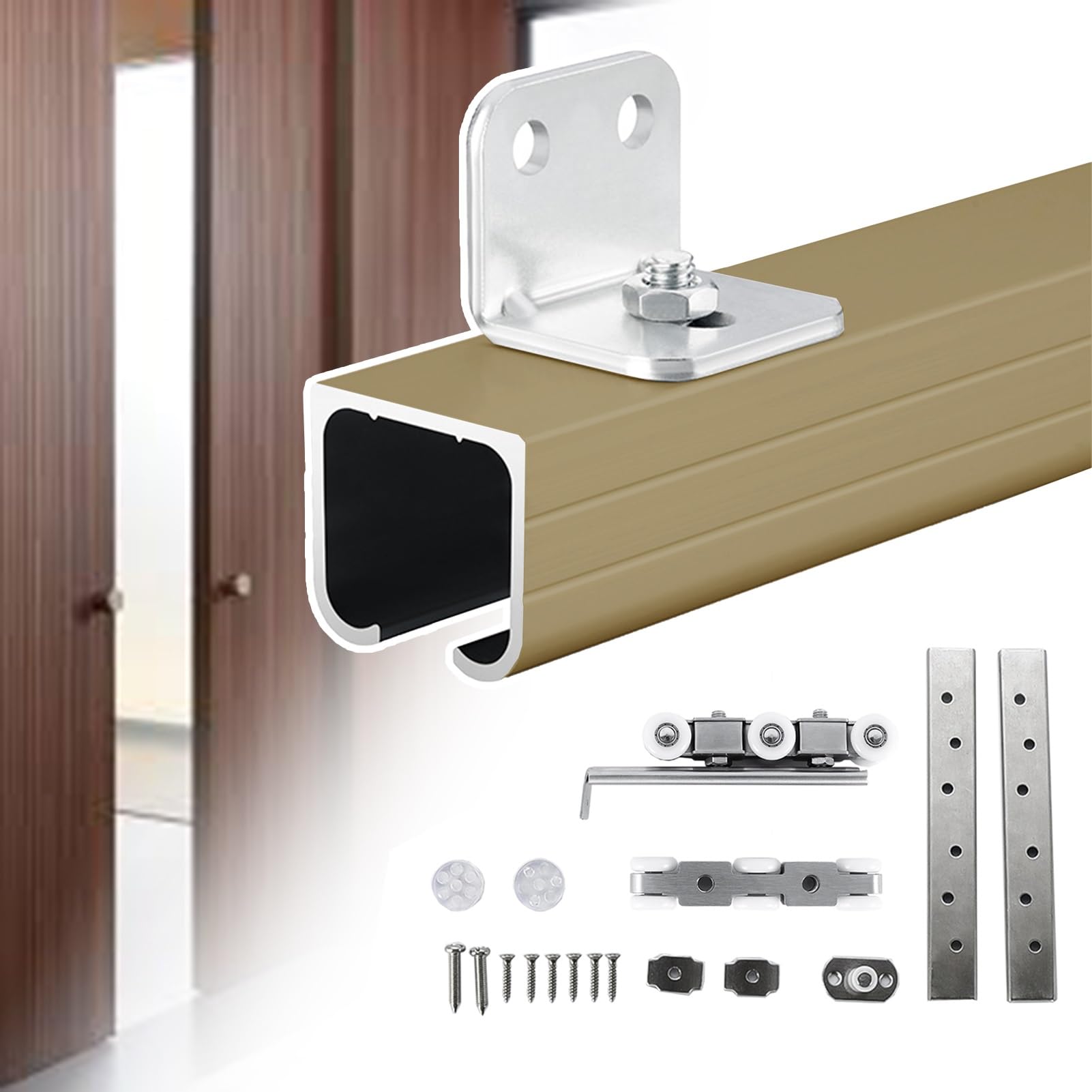 YDHSIKK Glass Sliding Door Track, Single Rail Sliding Door Track Kit Multicolor 2-30ft(Champagne,9ft (2.7m))