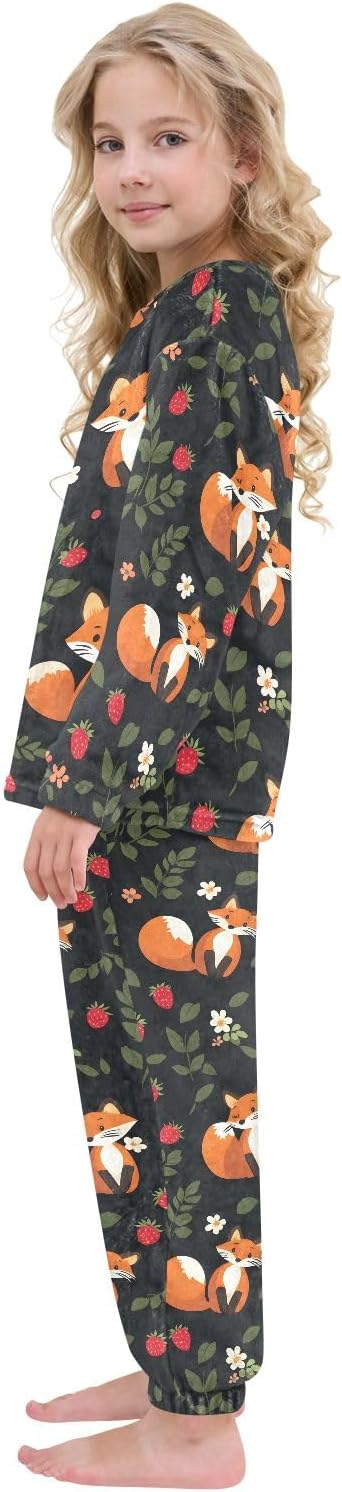 Kids Flannel Sets Fox Strawberry Flowers Warm Plush Relaxed Clothing for Boys and Girls