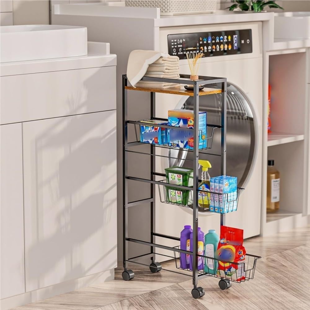 4 Tier Slim Rolling Cart with Pull-Out Baskets, Mobile Kitchen Storage Cart with Lockable Wheels, Small Narrow Storage Cabinet with Wood Top for Laundry Room