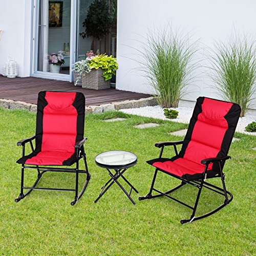 GIANTEX Juego de Mecedora Plegable de Muebles de Balcón, Juego de 3 Piezas con 1 Mesa de Café y 2 Mecedoras, Set de Bistró para Jardín, Tumbona Exterior (Rojo)