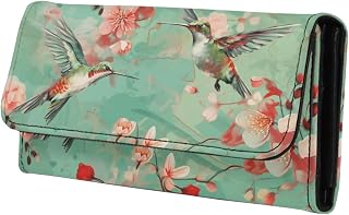 Hummingbird Trifold Wallet for Women Peach Blossom Bird Long Clutch Extra Capacity Multi Card Slot Watercolor Flower Birds Large Trifold Wallet With ID Window