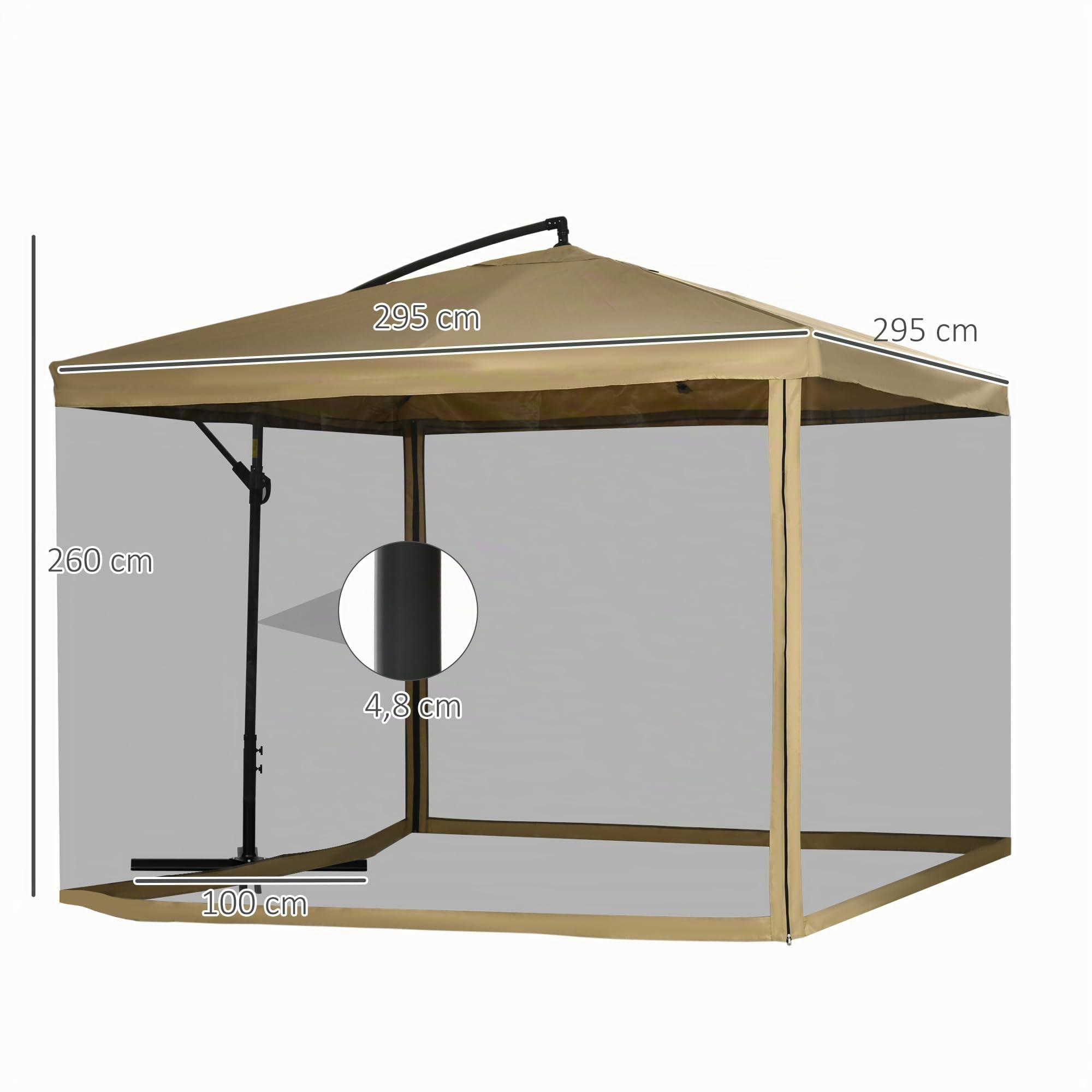 Outsunny Parasol Excéntrico Ø 295 cm con Mosquiteras y Manivela Beige | Sombrilla de Jardín, Ángulo Ajustable, Base Cruzada, para Terraza Patio Exterior