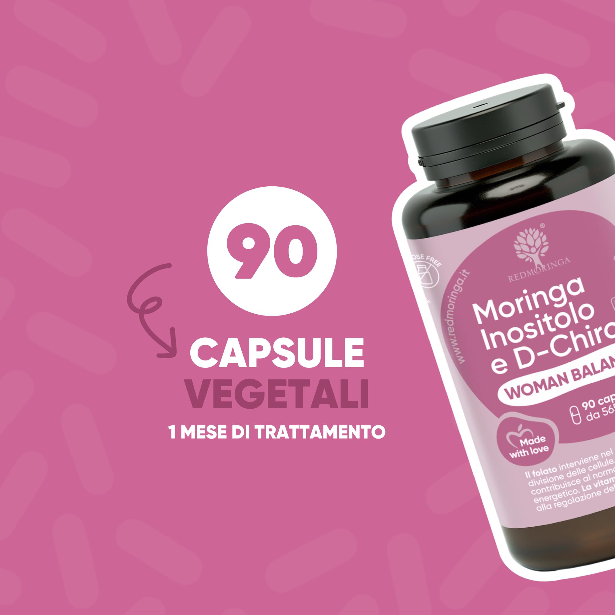 Myo INOSITOLO + DChiro per PCOS con Acido Folico, Vitamine B12, B6, D e Moringa BIO | Integratore Woman Balance Ovaio Policistico, Regolarità Ciclo, Migliore Ovulazione | 90 Capsule - RedMoringa