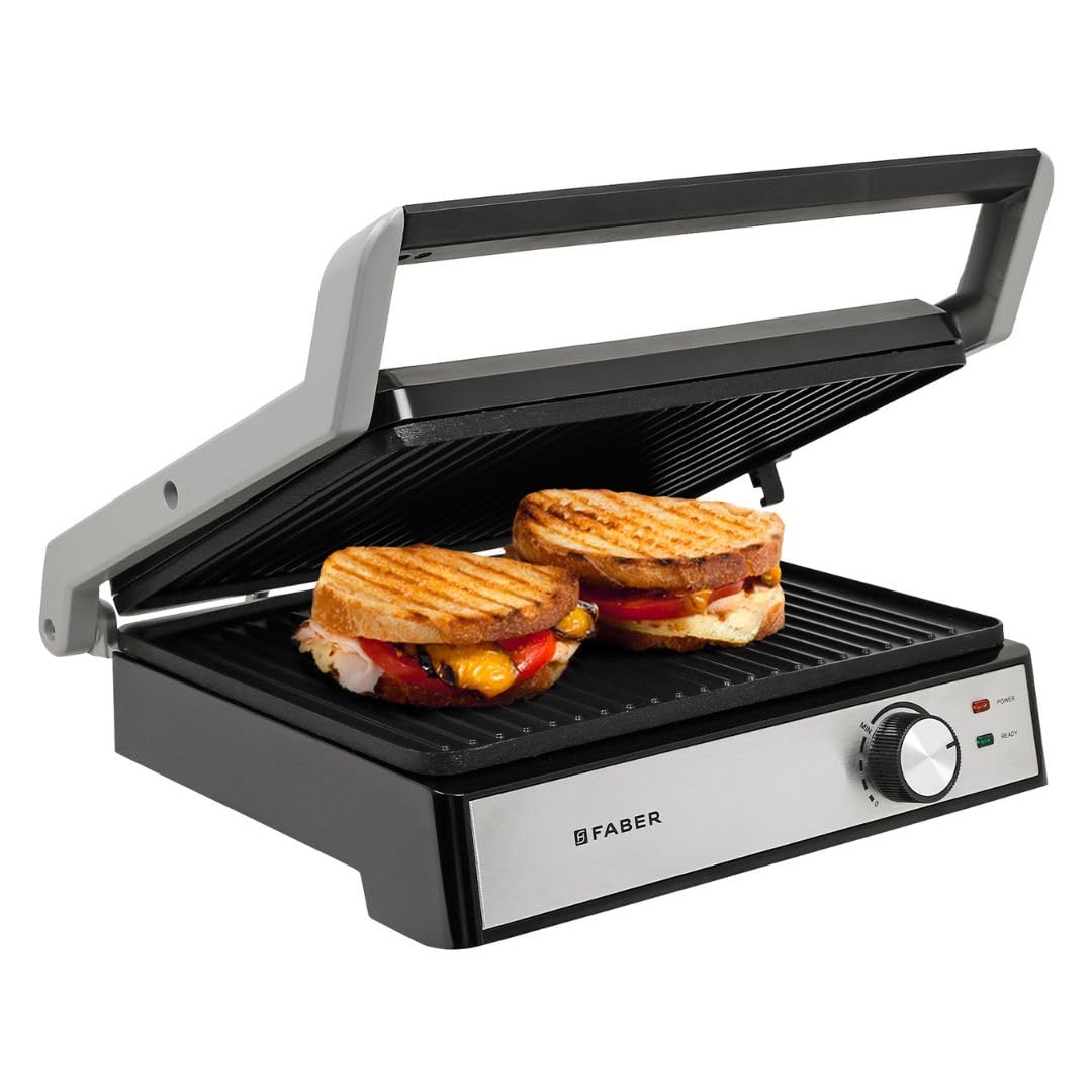 FABER 2200W 3-in-1 Panini Maker|180° BBQ Grill,Contact Griller & Panini/Sandwich Press|Oil Collection Tray,Non-Stick Coating,BPA-Free Plastic, Cool Touch,Auto Cut-Off,Browning Control|1yr Warranty