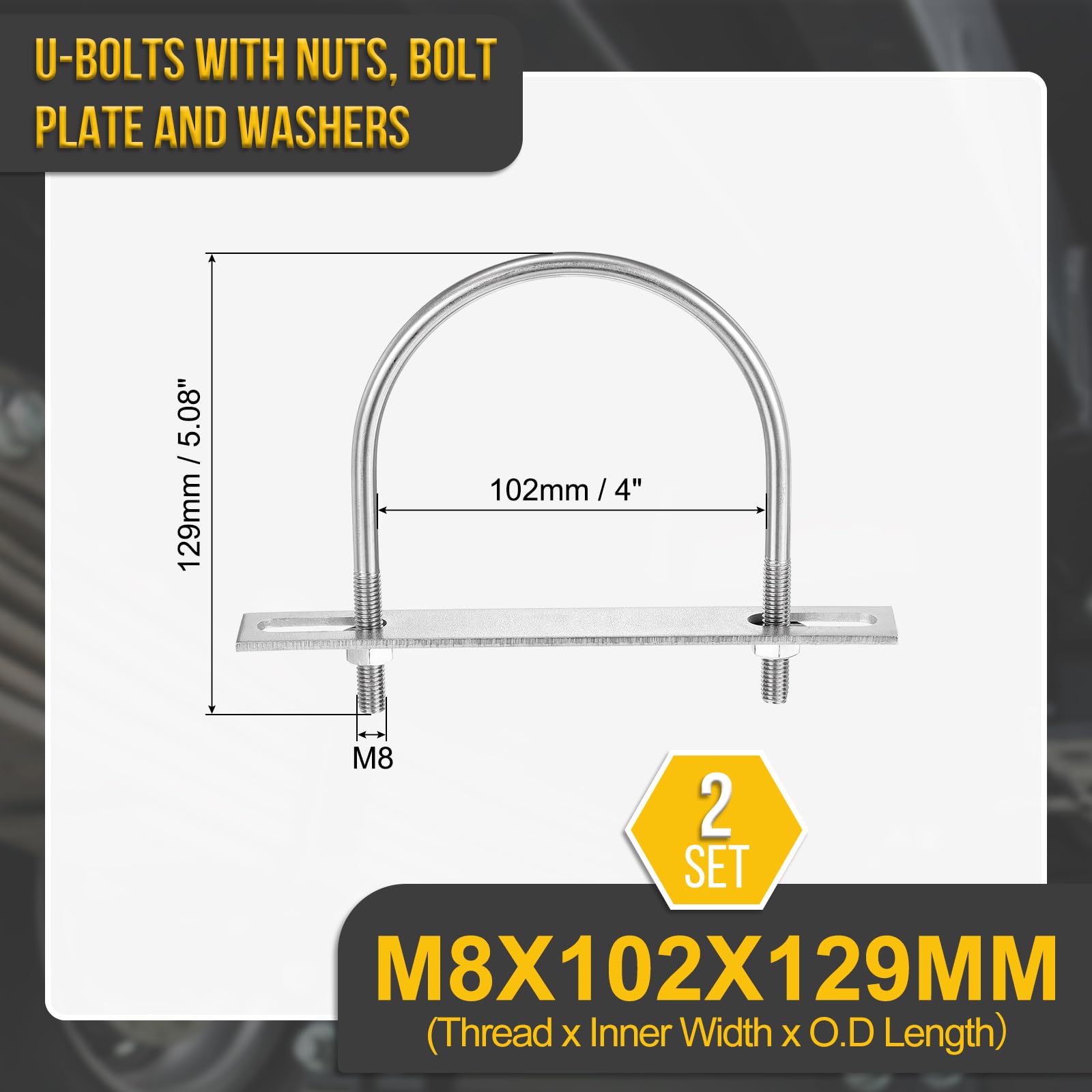 DTGN M8x102x129mm U Bolts Round Kit, 2Set, 304 Stainless Steel U-Bolt Kit with Nuts, Washers, Frame Plate - Image 2
