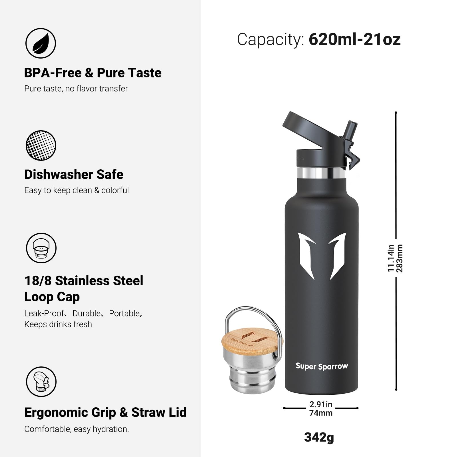 Super Sparrow Borraccia Termica - Bottiglia Termica Senza Perdite - 350ml/500ml/620ml/750ml/1L - Senza BPA Borracce Bambini - Per Scuola, Sport, Campeggio, Palestra, Ciclismo - Con 2 Tappi