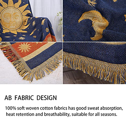 Cueerbot Sun And Moon Stars Throw Blanket Celestial Tapestry Double-Sided Reversible Woven Cotton Home Decor Bedding Chair Couch Recliner Cover Loveseat Rug Tassels Blue Yellow #TOP3