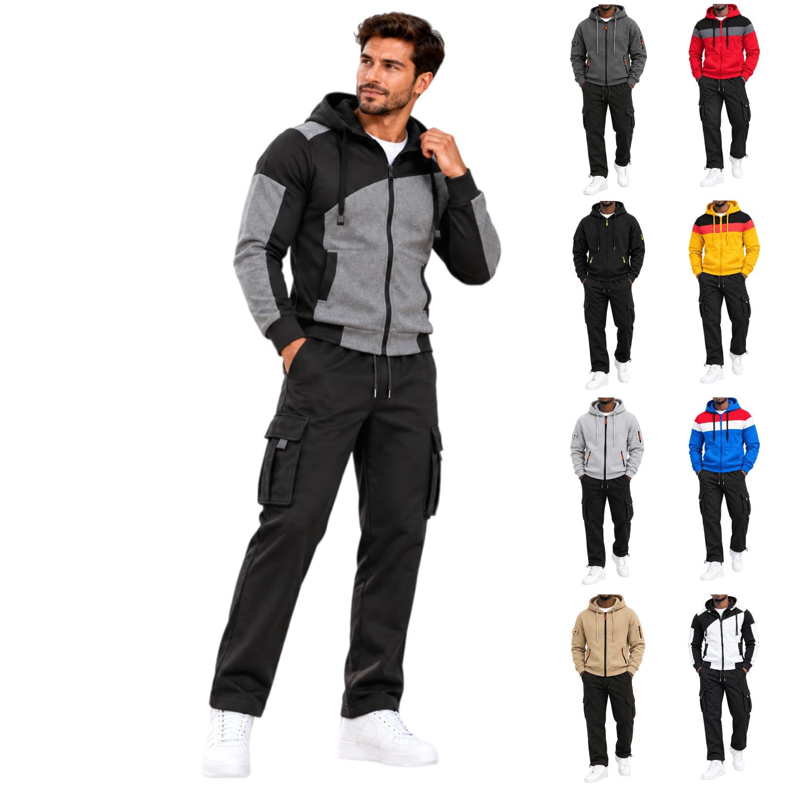 Mens Sweatsuits 2 Piece Set Zip Up Hoodie With Cargo Pants Baggy Tracksuit