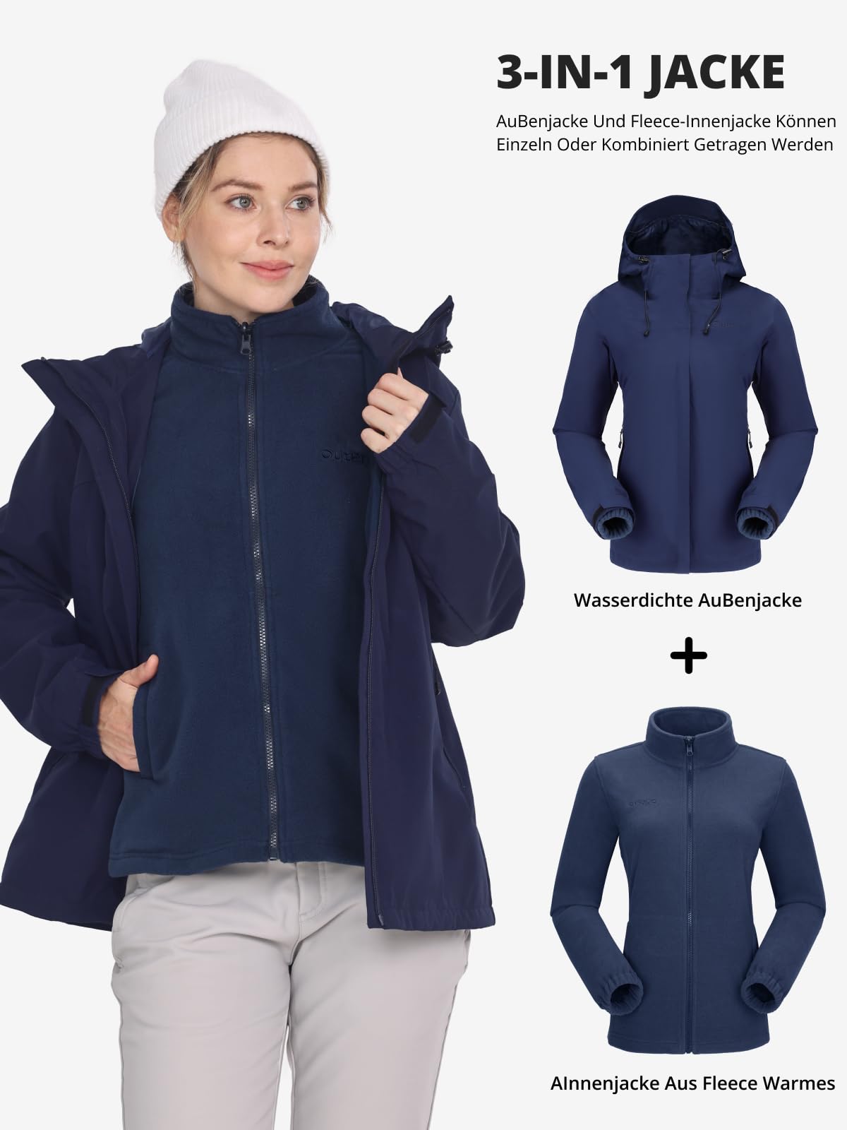 OutPro Giacca invernale 3 in 1 da donna, impermeabile, antivento, giacca da sci per attività all'aria aperta, foderata in pile, a doppio strato, con cappuccio rimovibile, per sci, alpinismo, viaggi