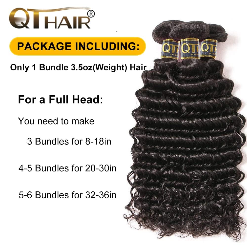 QTHAIR 18A Deep Wave Bundles Human Hair Brazilian Virgin Hair 100% Unprocessed Deep Curly Human Hair Weave Natural Black Color(26Inch,100g,#1b) Deep Wave Bundle