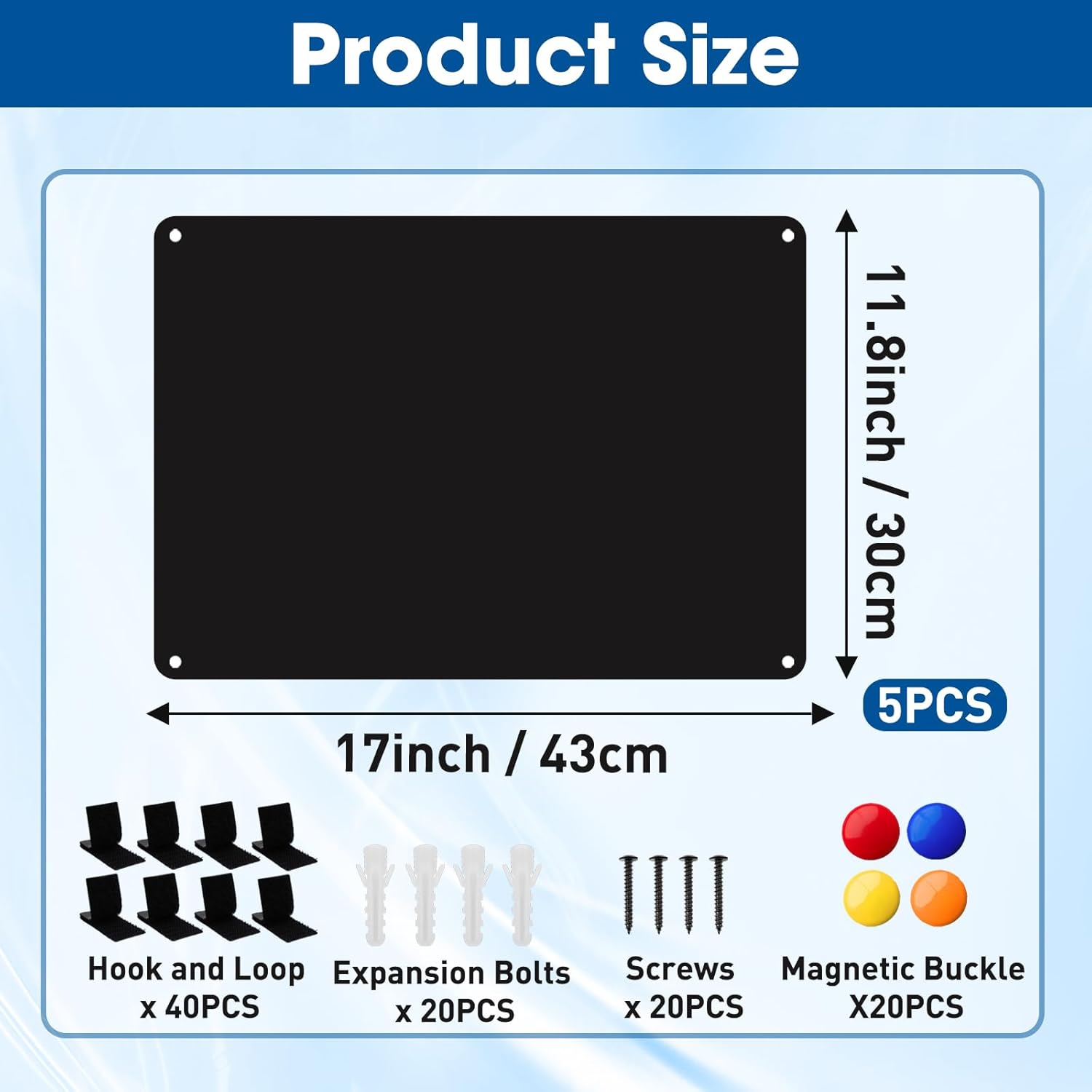 5 Pack Black Magnetic Board,17" x 11.8" Metal Magnet Bulletin Board to Display Magnetic Notes, Numbers, Poetry, Photos, Spice Jars, Suitable for Wall, Refrigerator, Include Magnetic Buckle & Screws