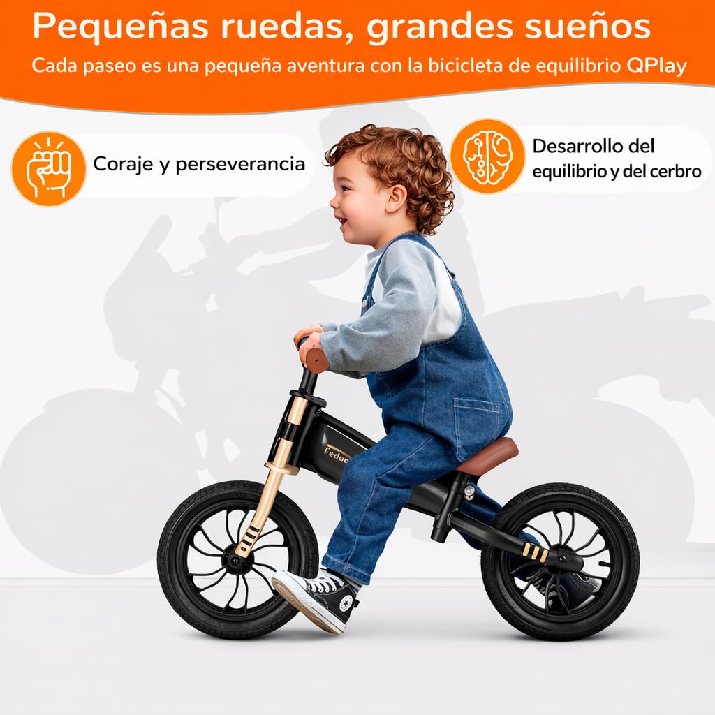 QPLAY Bicicleta sin Pedales Niño 3 Años Feduro Rojo, Bici Equilibrio Infantil 12 Pulgadas, Cuadro Estilo Moto, Ruedas de Aire, Asiento Ajustable, Juguetes Niños 2 y 3 Años