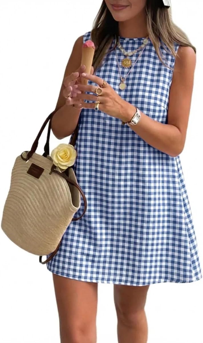IDEALSANXUN Womens Gingham Dress Spring Summer Beach Boho Sleeveless Mini Sundress