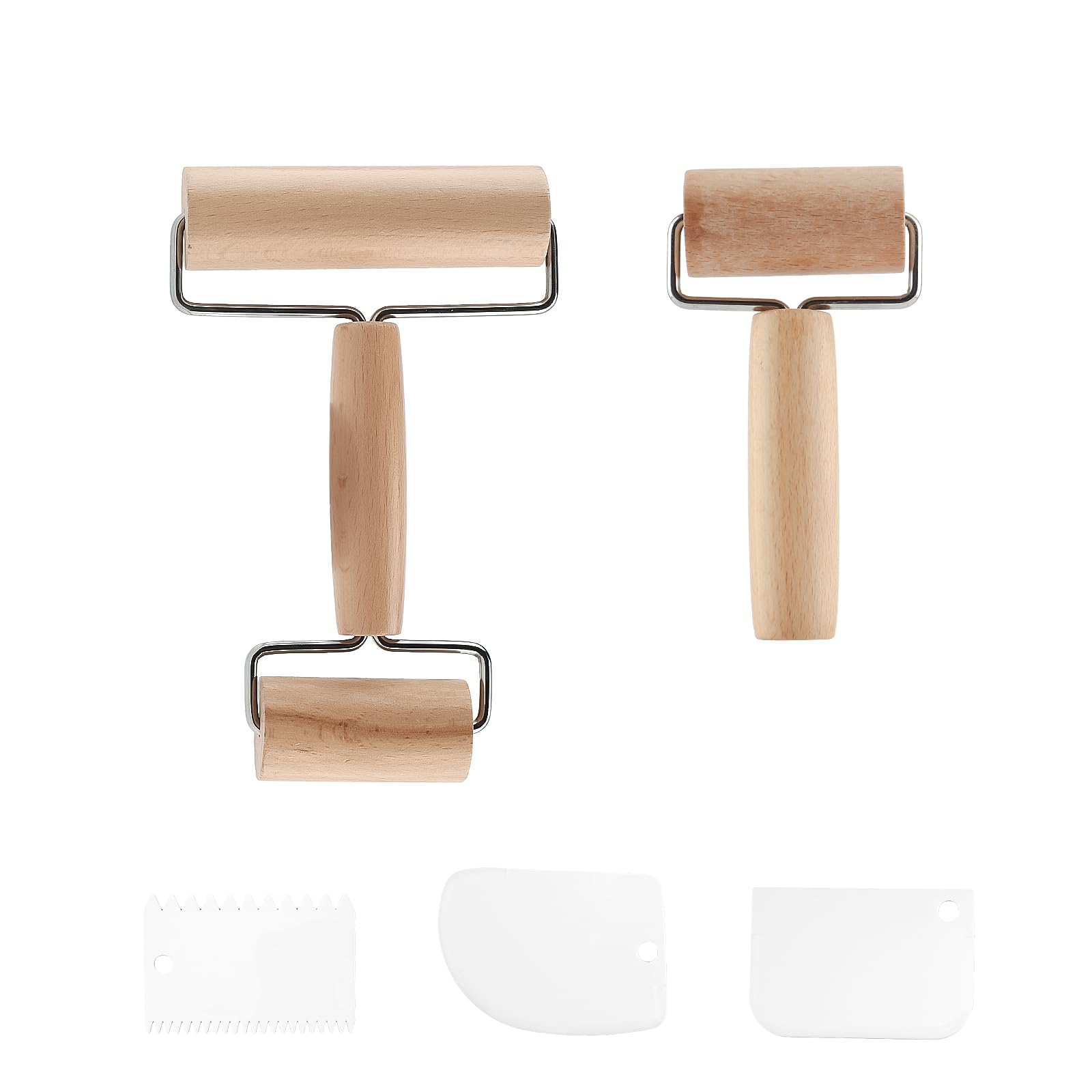 Wooden Rolling Pins, Small Rolling Pin for Baking, Professional Pizza Dough Roller Baking Accessory, Kitchen Wood Roller for Rolling Dough, Pasta, Pizza, Desserts, Dumpling, with 3 Scrapers
