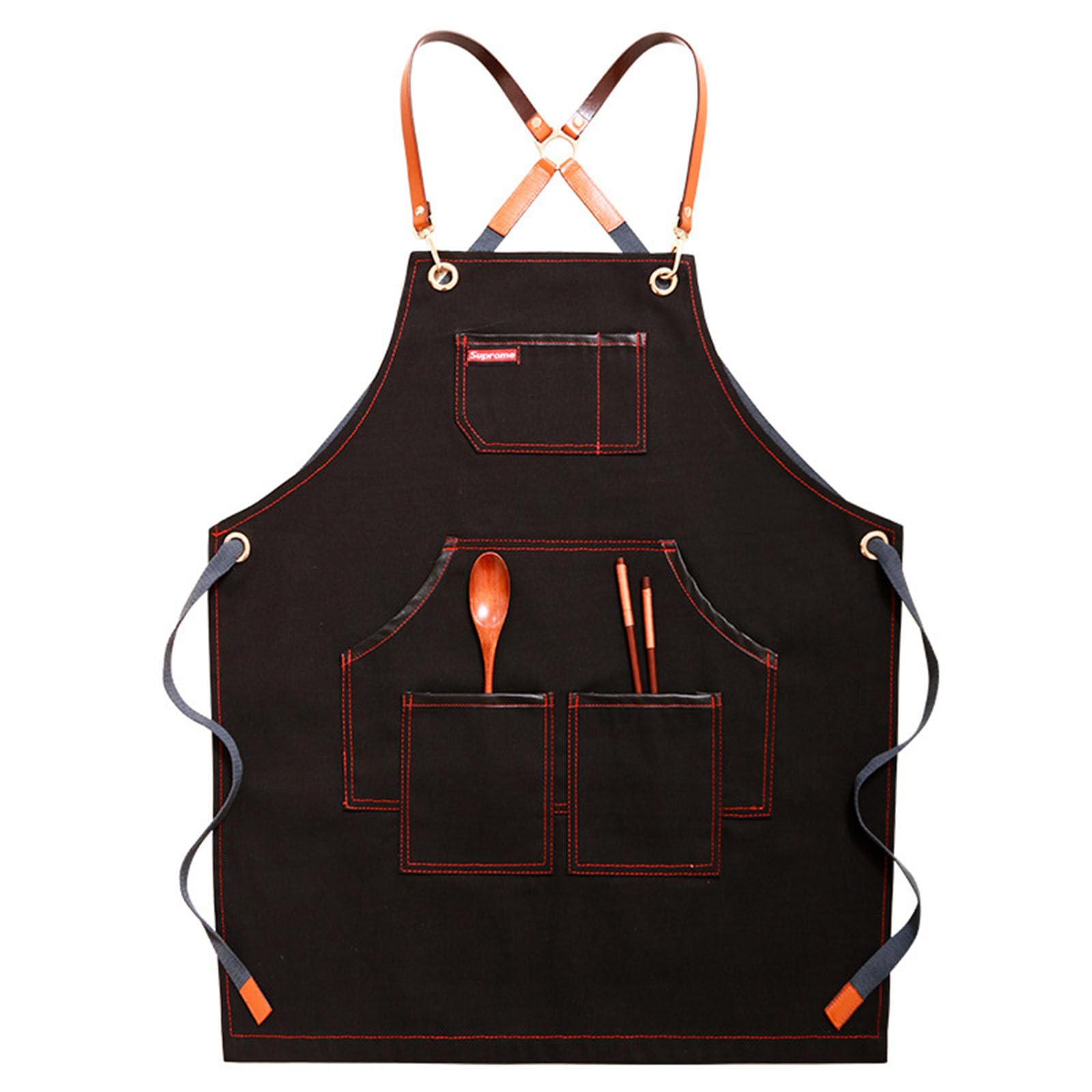 Delantal De Trabajo De Lona Múltiples Bolsillos Ajustable Espalda Cruzada Delantales para Barbacoa para Hombre Y Mujer Ideal para Cafetería Barbería Floristería Black,One Size