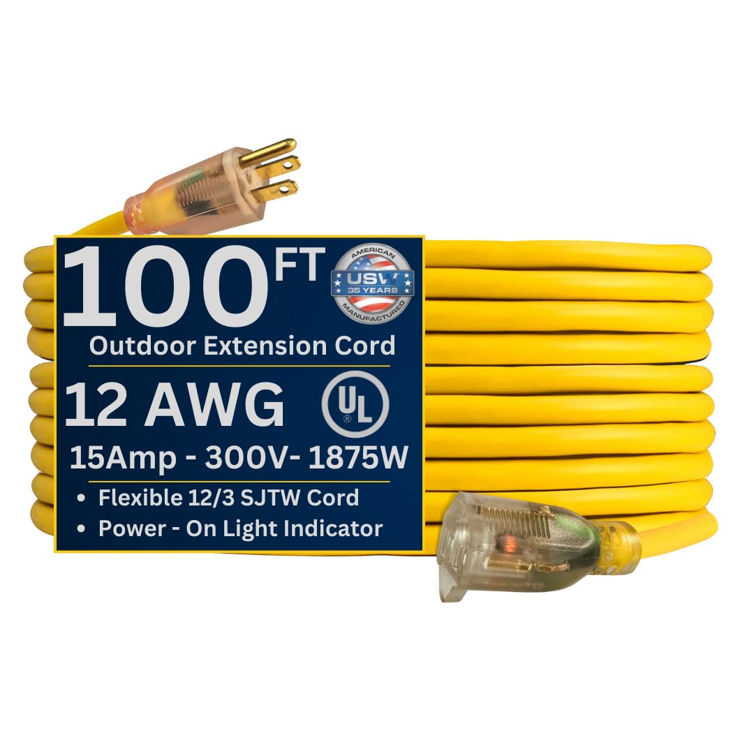US Wire and Cable 12/3 Gauge x 100-Foot Lighted Heavy Duty General Purpose Extension Cord – 12/3 Gauge, Yellow, Kink-Resistant, Heavy Duty, Power Indicator Light, SJTW, Made in USA