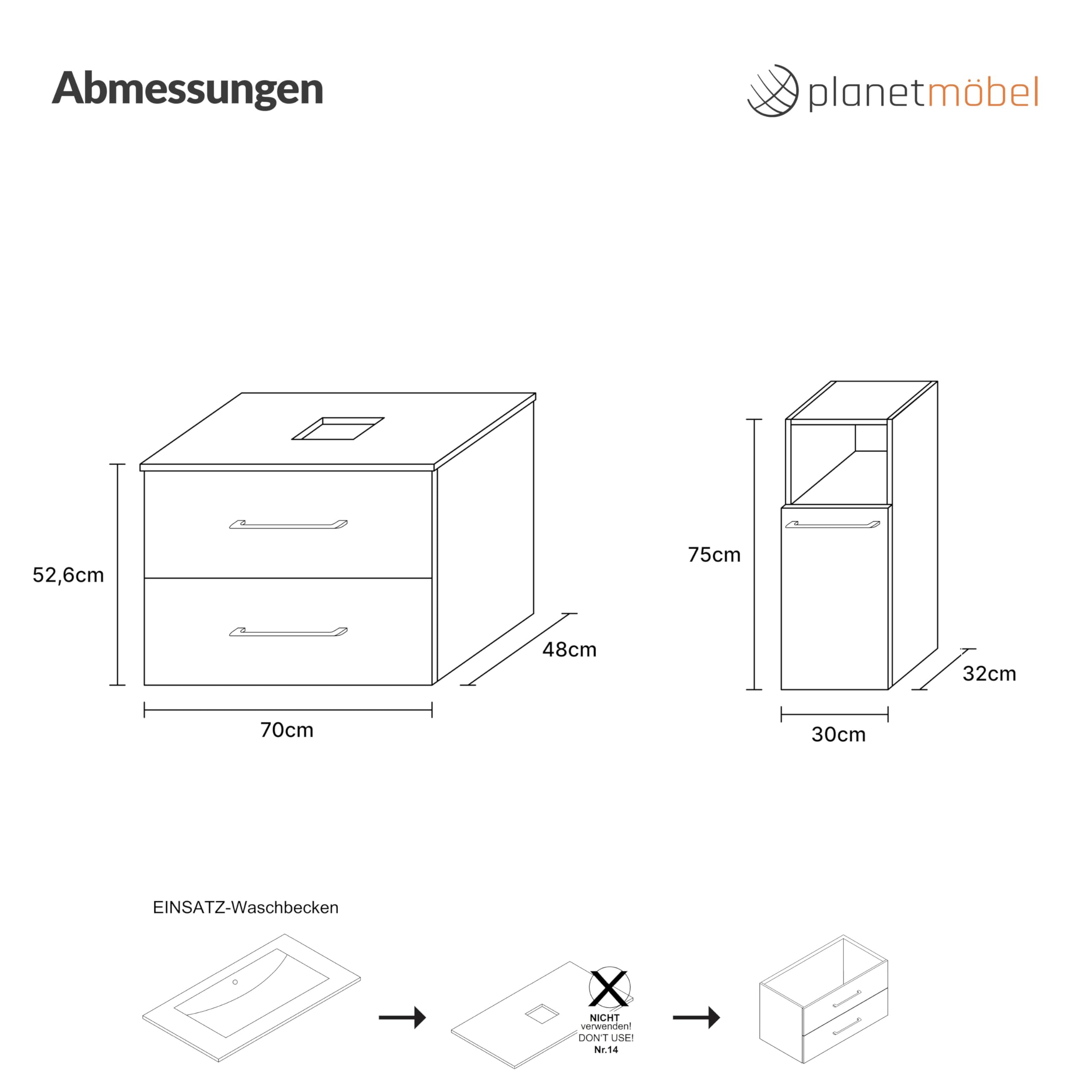 Planetmöbel LUX Badmöbel Set Waschtisch mit Waschbecken 70 cm, Keramik Waschbecken mit Unterschrank, 2X Midischrank 75 cm, Gold Eiche/Anthrazit