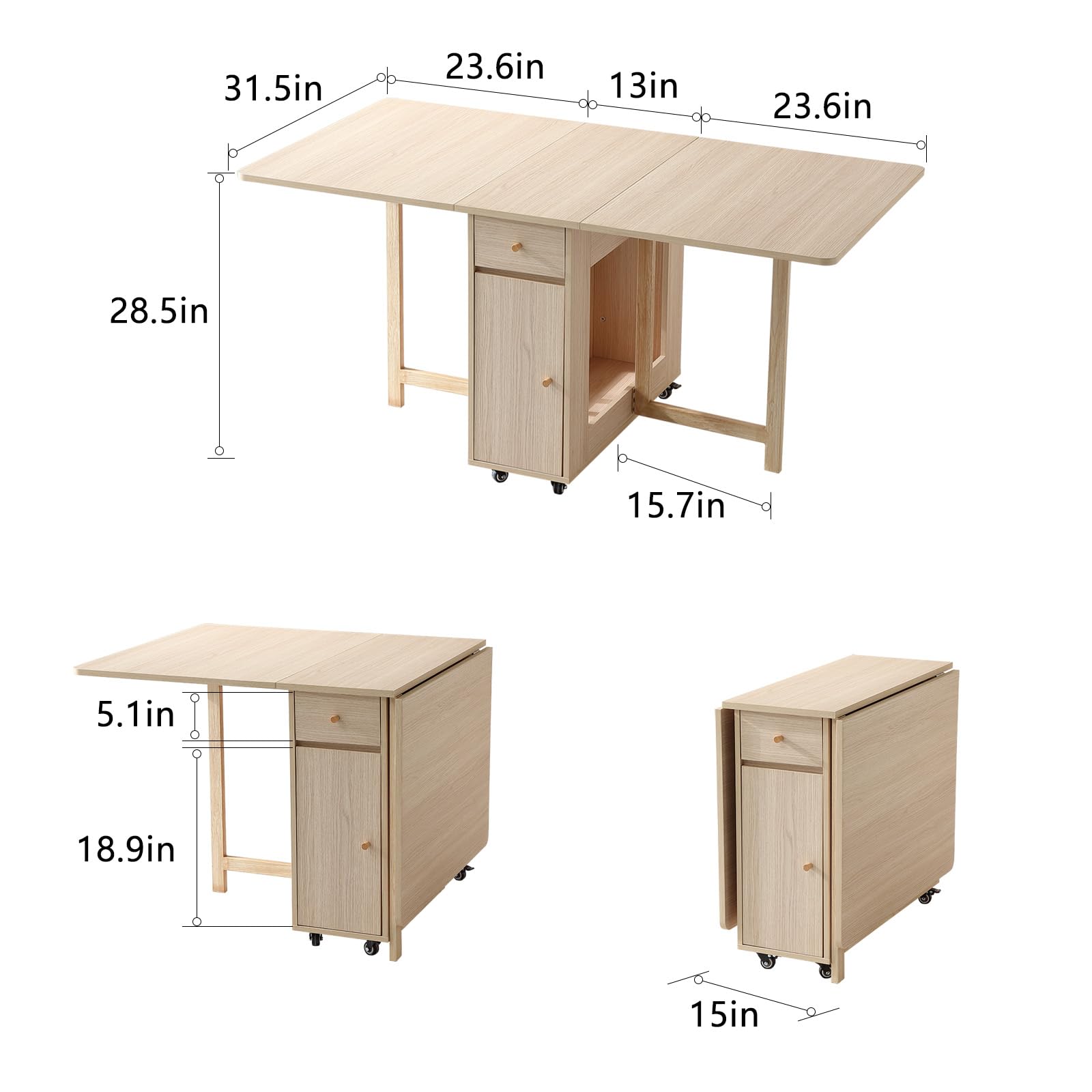 Mesa de comedor plegable extensible con 2 cajones y 4 ruedas para sala de estar, cocina, casa de campo, mesa de ahorro de espacio en color madera 3