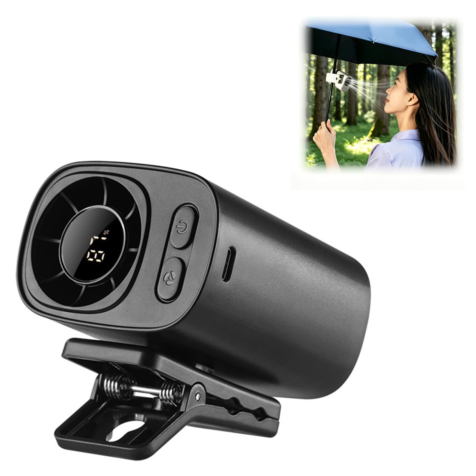 Ventilatore portatile per auto, AC, ricaricabile tramite USB, con display a LED, silenzioso, per esterni e scrivania